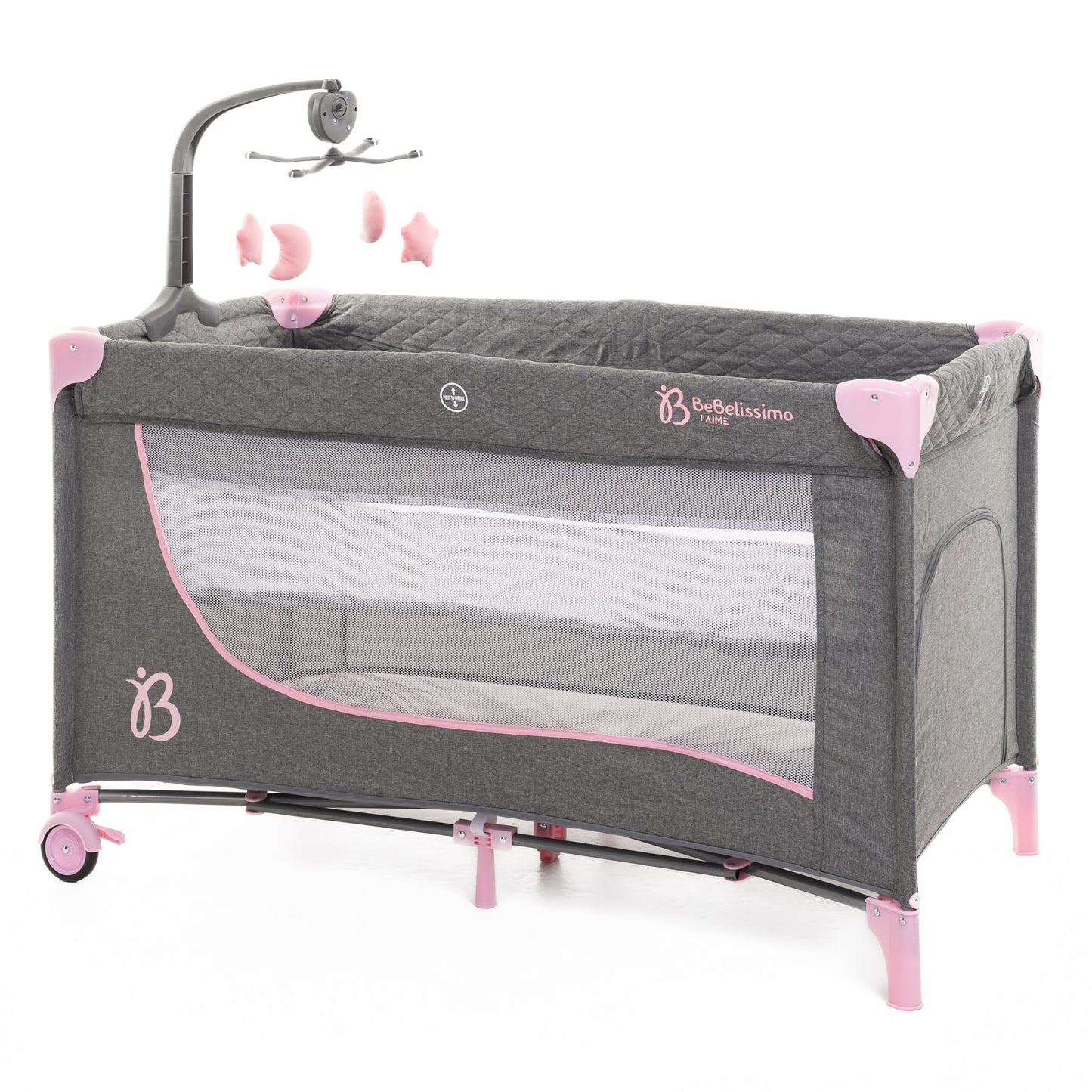 BEBELISSIMO - Lit parapluie bébé - berceau bébé - dès la naissance - Nuit - lit pliant - 2 niveaux - rose