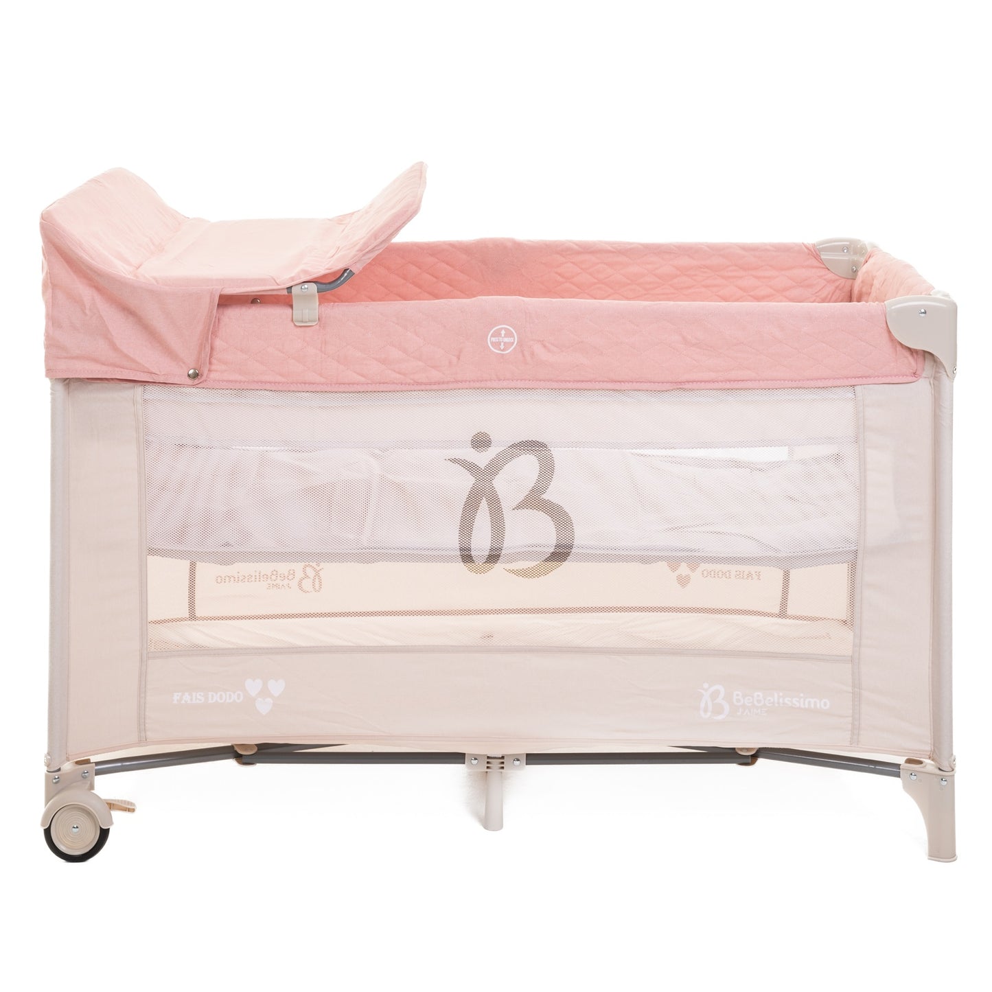 BEBELISSIMO - Lit parapluie bébé - lit pliant - dès la naissance - Fais dodo - table à langer et jouets - rose