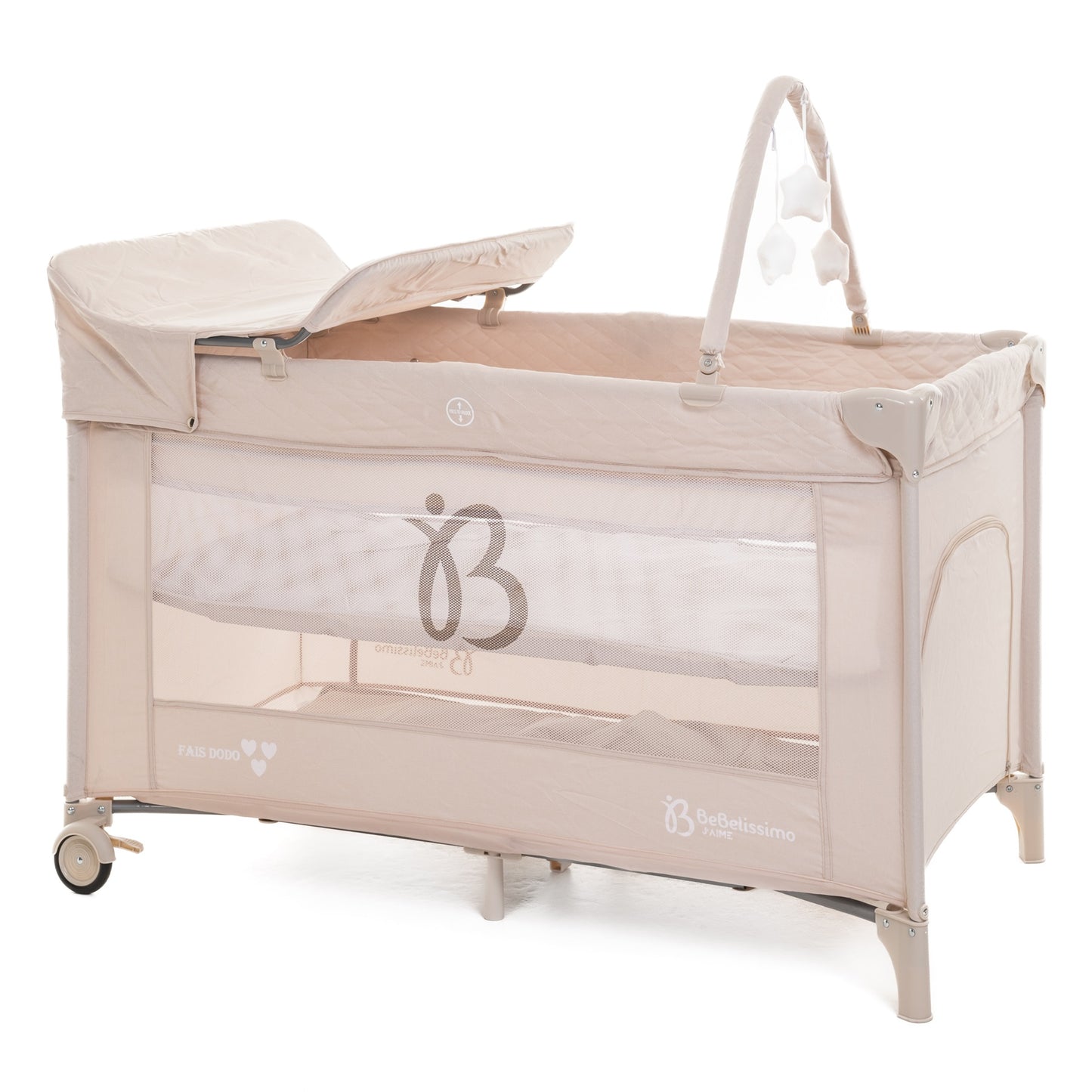 BEBELISSIMO - Lit parapluie bébé - lit pliant - dès la naissance - Fais dodo  - table à langer et jouets - beige