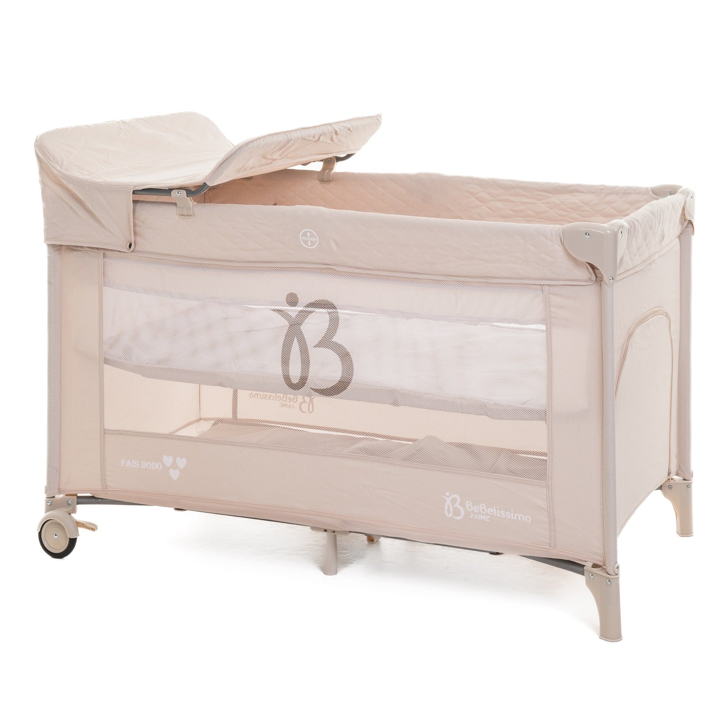 BEBELISSIMO - Lit parapluie bébé - lit pliant - dès la naissance - Fais dodo - 2 niveaux - table à langer - beige