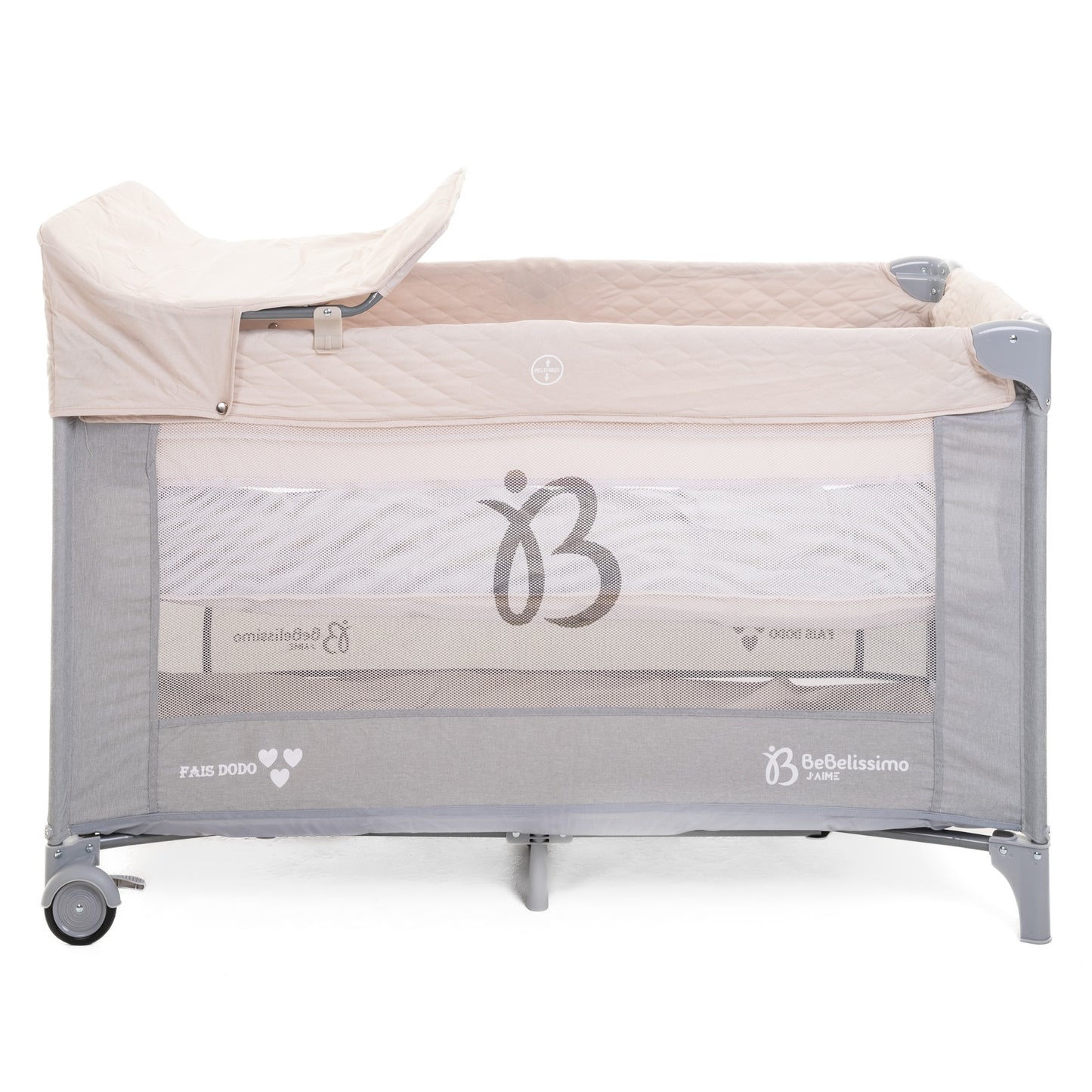 BEBELISSIMO - Lit parapluie bébé - lit pliant - dès la naissance - Fais dodo - table à langer et jouets - gris/beige