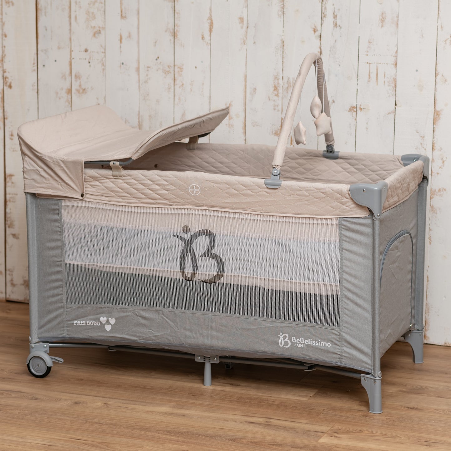 BEBELISSIMO - Lit parapluie bébé - lit pliant - dès la naissance - Fais dodo - table à langer et jouets - gris/beige