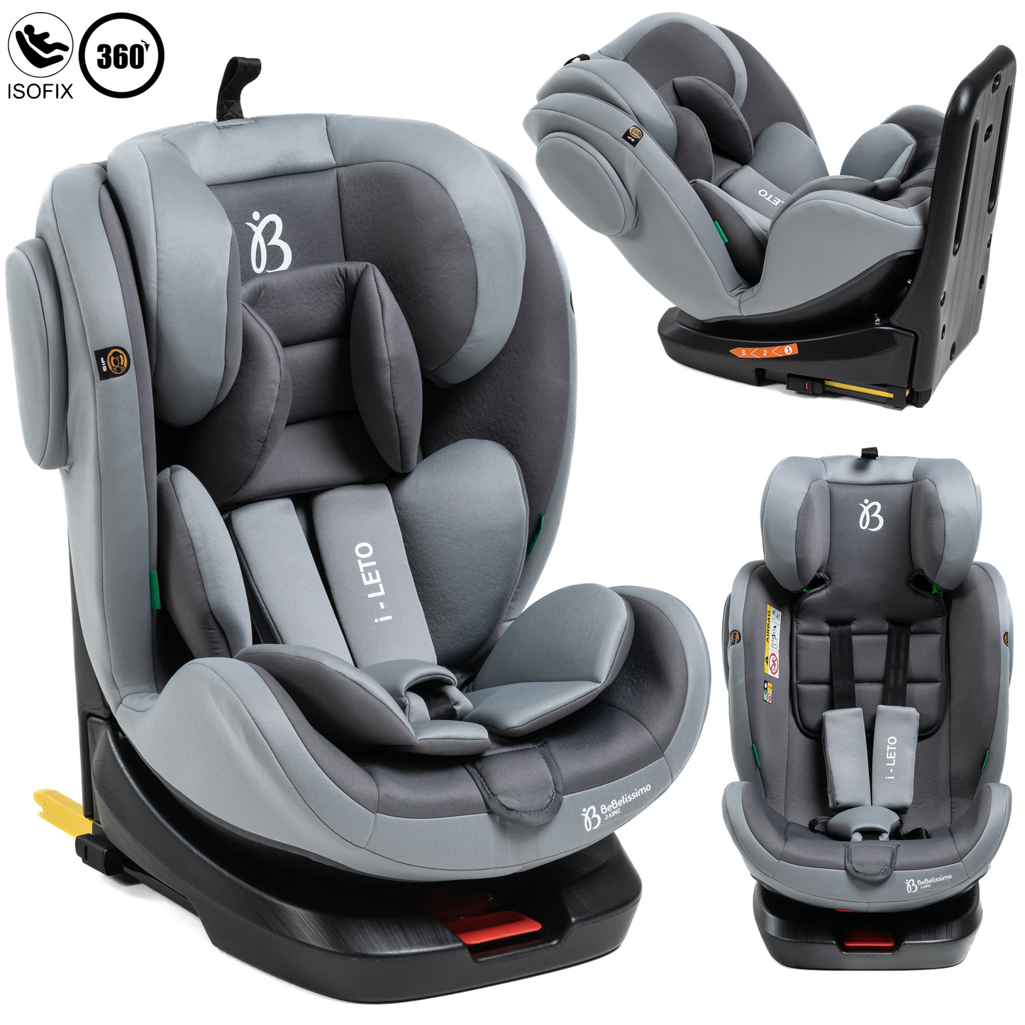 BEBELISSIMO - Siège auto Isofix - pivotant 360 ° - groupe 0+/1/2/3 - (0-36kg) - i-Leto - gris - protections latérales