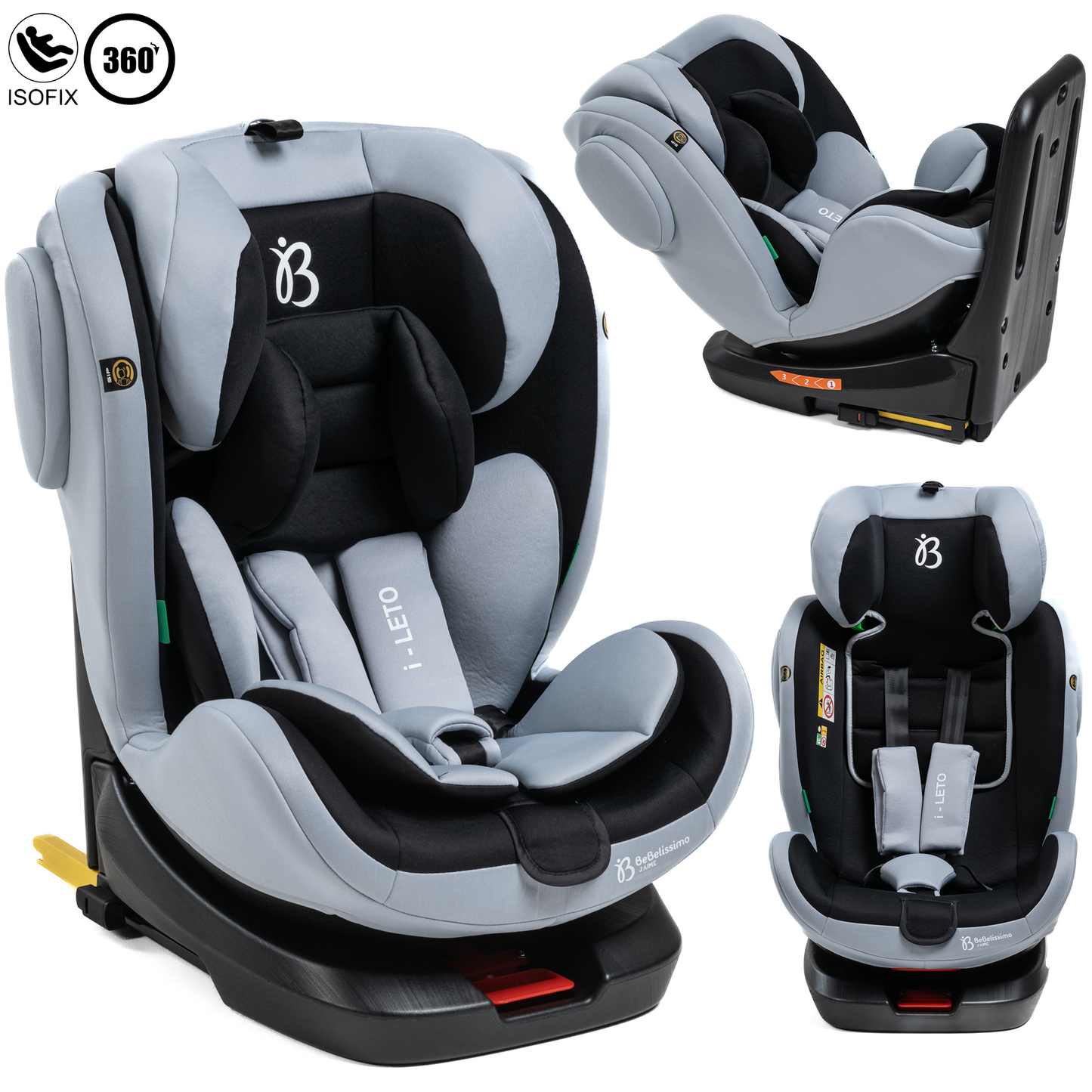 BEBELISSIMO - Siège auto Isofix - pivotant 360 ° - groupe 0+/1/2/3 - (0-36kg) - i-Leto - gris/noir - protections latérales