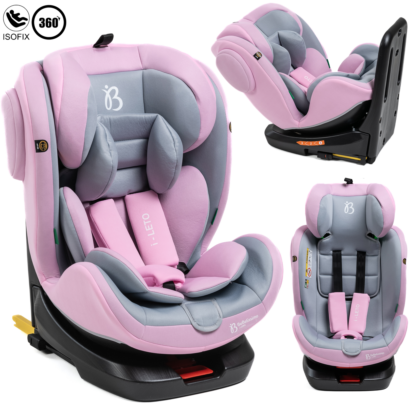 BEBELISSIMO - Siège auto Isofix - pivotant 360 ° - groupe 0+/1/2/3 - (0-36kg) - i-Leto - rose - protections latérales