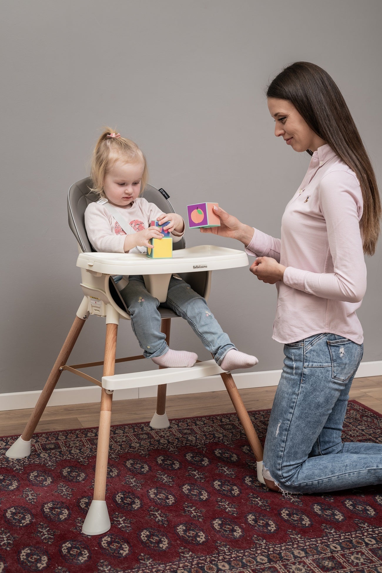 BEBELISSIMO - Chaise Haute Évolutive en Bois - 3 en 1 – 6 mois jusqu’à 5 ans - réhausseur - rose 2024