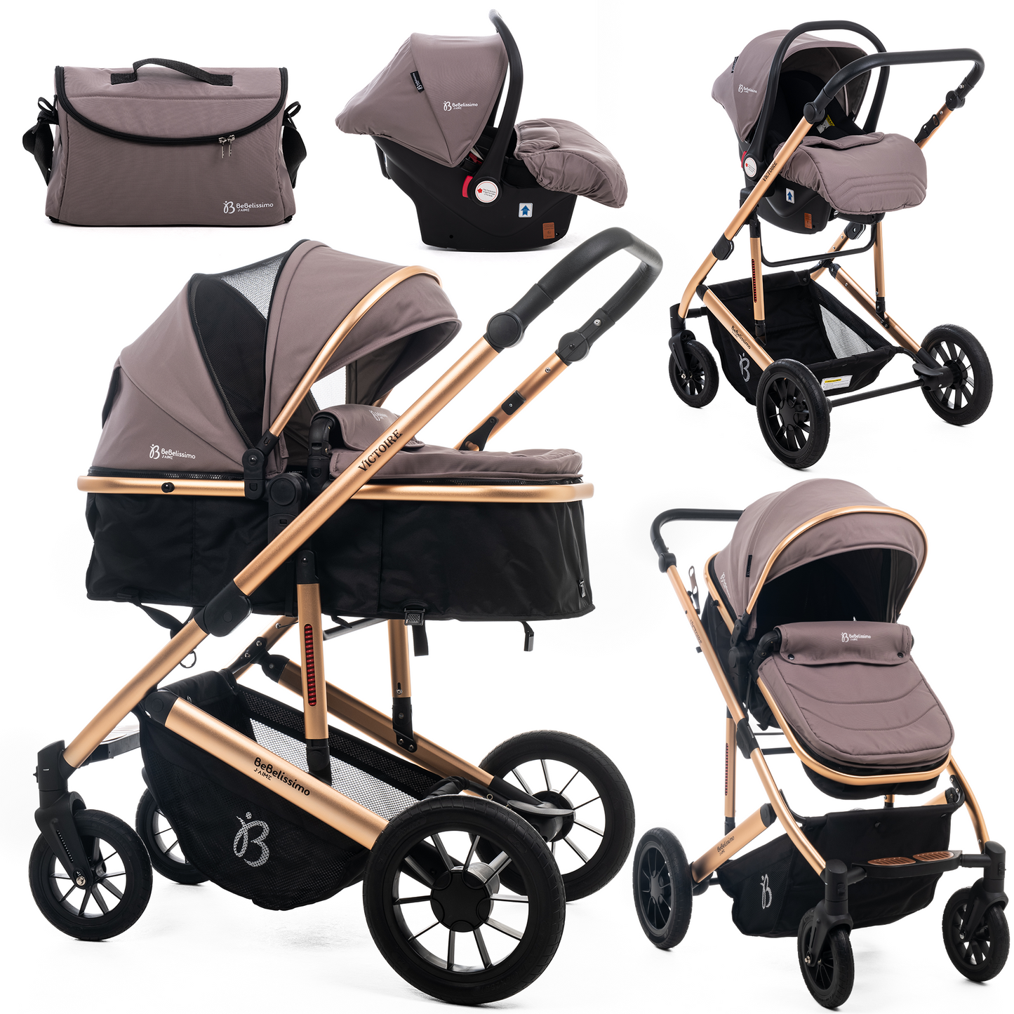 BEBELISSIMO - Poussette combinée trio 3 en 1 - siège auto 0m – nacelle – dès la naissance – jusqu’à 22kg – Victoire I-Size - beige