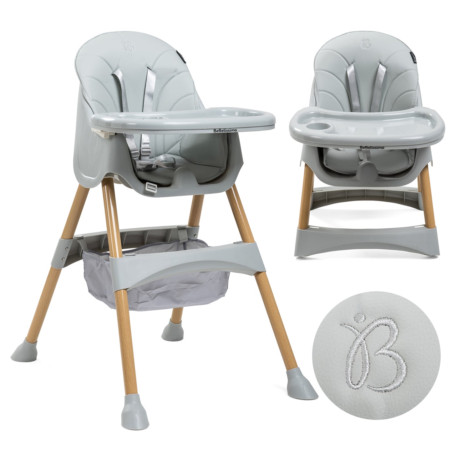 Bebelissimo - Chaise haute 2 en 1 - Evolutive - Réglable - Pliable - gris- woodie