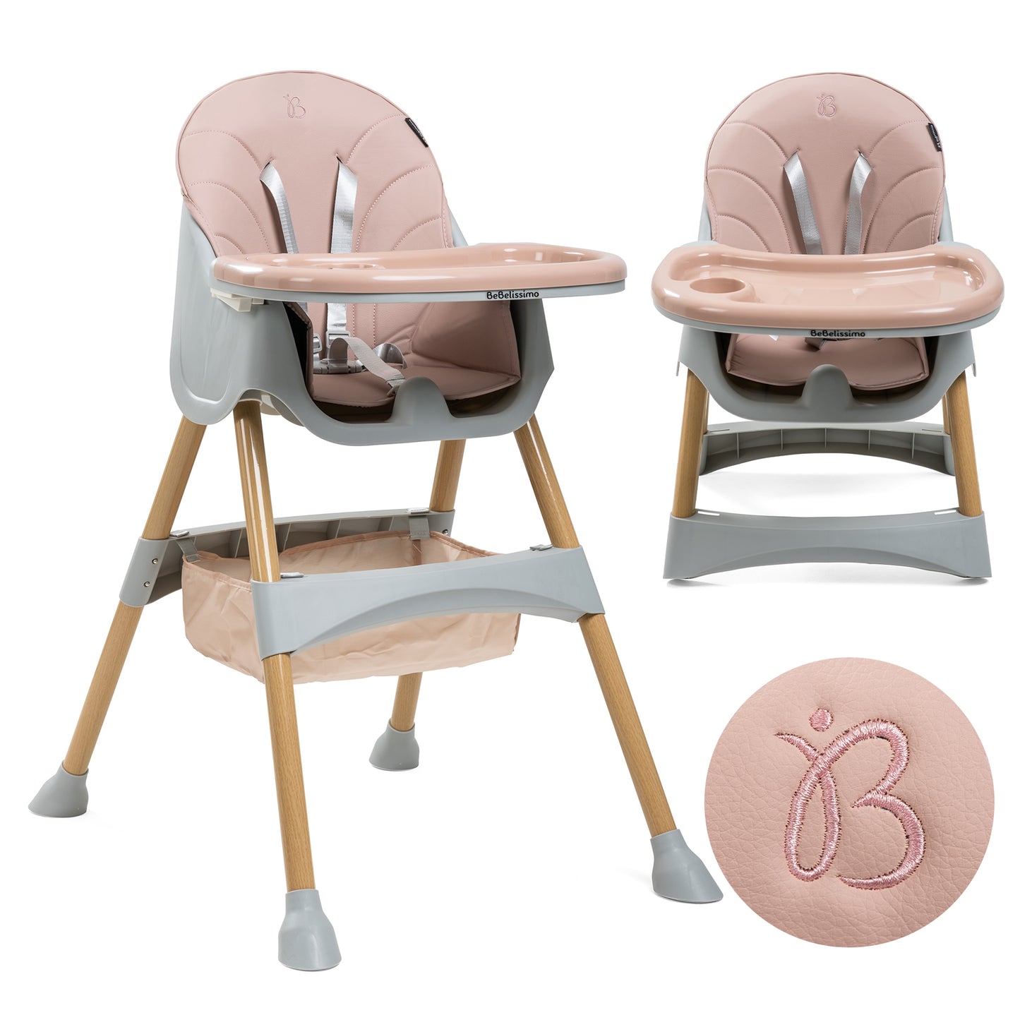 Bebelissimo - Chaise haute 2 en 1 - Evolutive - Réglable - Pliable - rose - woodie