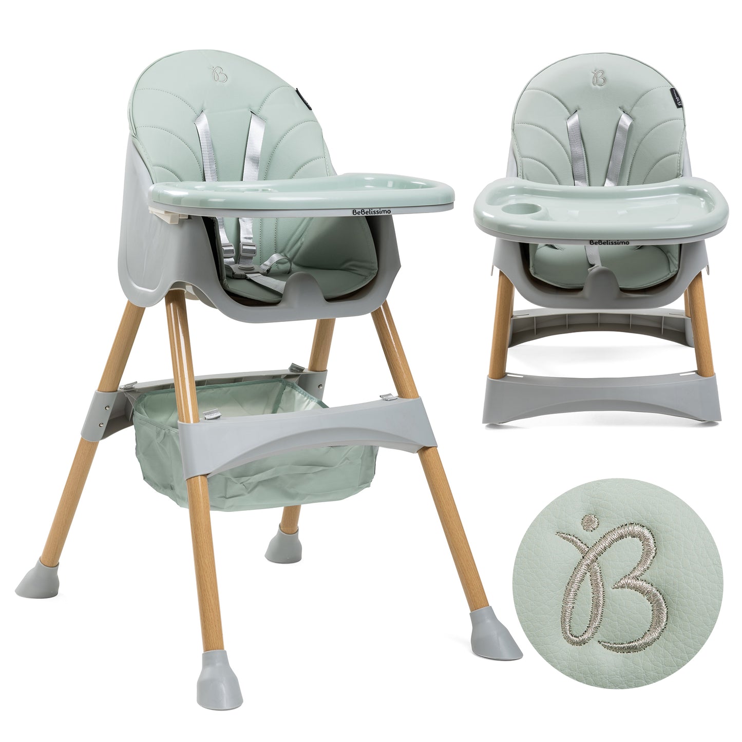 Bebelissimo - Chaise haute 2 en 1 - Evolutive - Réglable - Pliable - vert- woodie