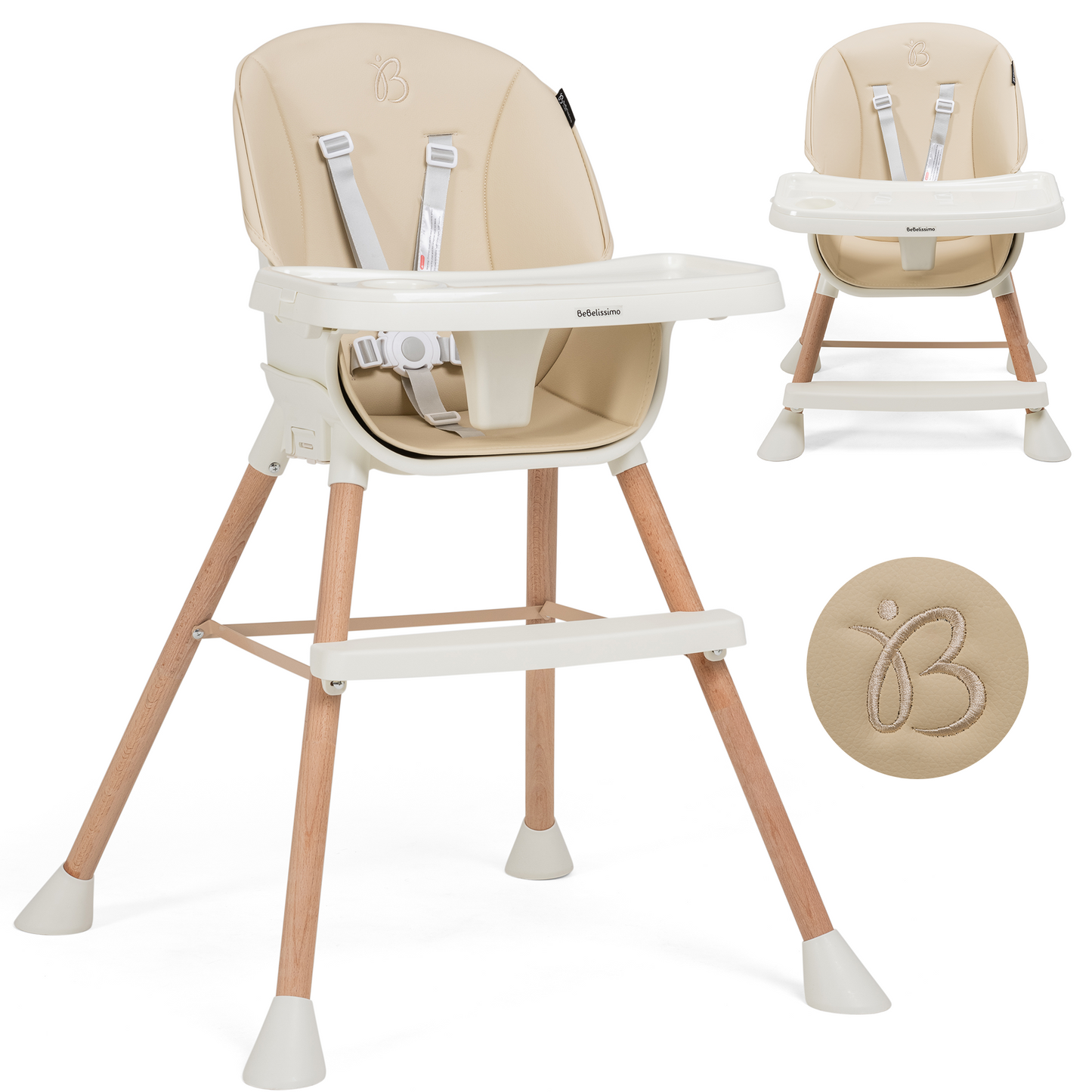 BEBELISSIMO - Chaise Haute Évolutive en Bois - 3 en 1 – 6 mois jusqu’à 5 ans - réhausseur - beige 2024