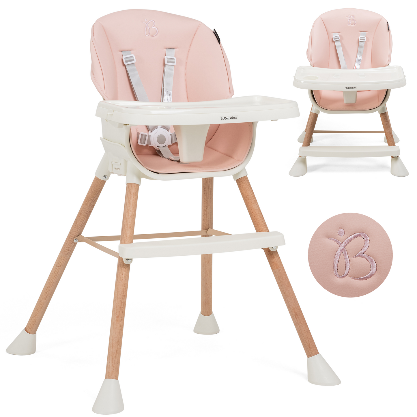 BEBELISSIMO - Chaise Haute Évolutive en Bois - 3 en 1 – 6 mois jusqu’à 5 ans - réhausseur - rose 2024