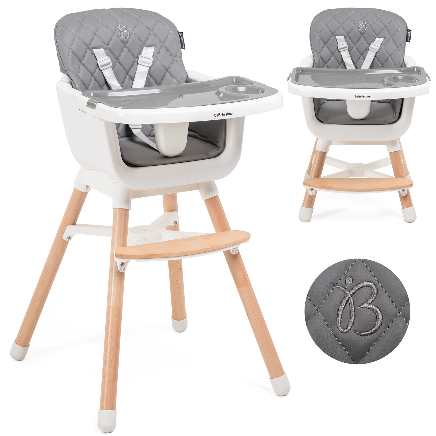 BEBELISSIMO - Chaise Haute bébé - Évolutive - Réglable - en Bois - 2 en 1 – 6 mois jusqu’à 5 ans - gris 2024
