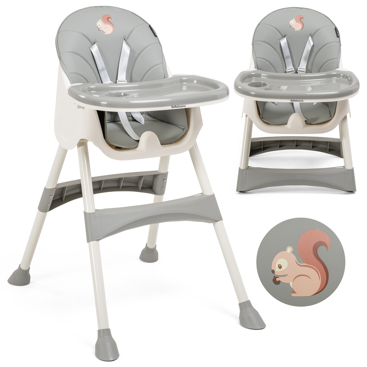 BEBELISSIMO - Chaise Haute Bébé Evolutive -dès 6 mois jusqu’à 20kg -Disco Pinguin - hauteur réglable - gris Squirrel