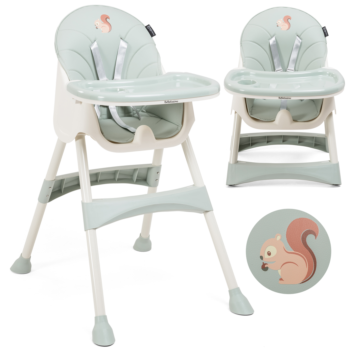 BEBELISSIMO - Chaise Haute Bébé Evolutive -dès 6 mois jusqu’à 20kg -Disco Pinguin - hauteur réglable - vert Squirrel