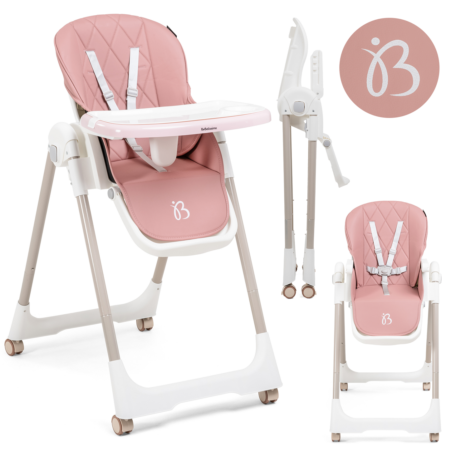 Bebelissimo - Chaise haute évolutive bébé - Pliable - Compacte - Réglable hauteur - De 6 mois à 3 ans (15kg) - rose