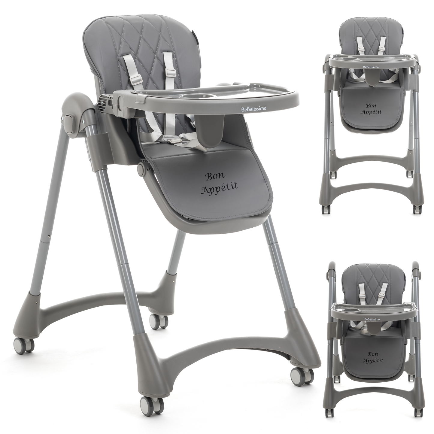 Bebelissimo - Chaise haute évolutive bébé - Pliable - Compacte - Réglable hauteur - De 6 mois à 3 ans (15kg) - gris foncé - Bon Appetit