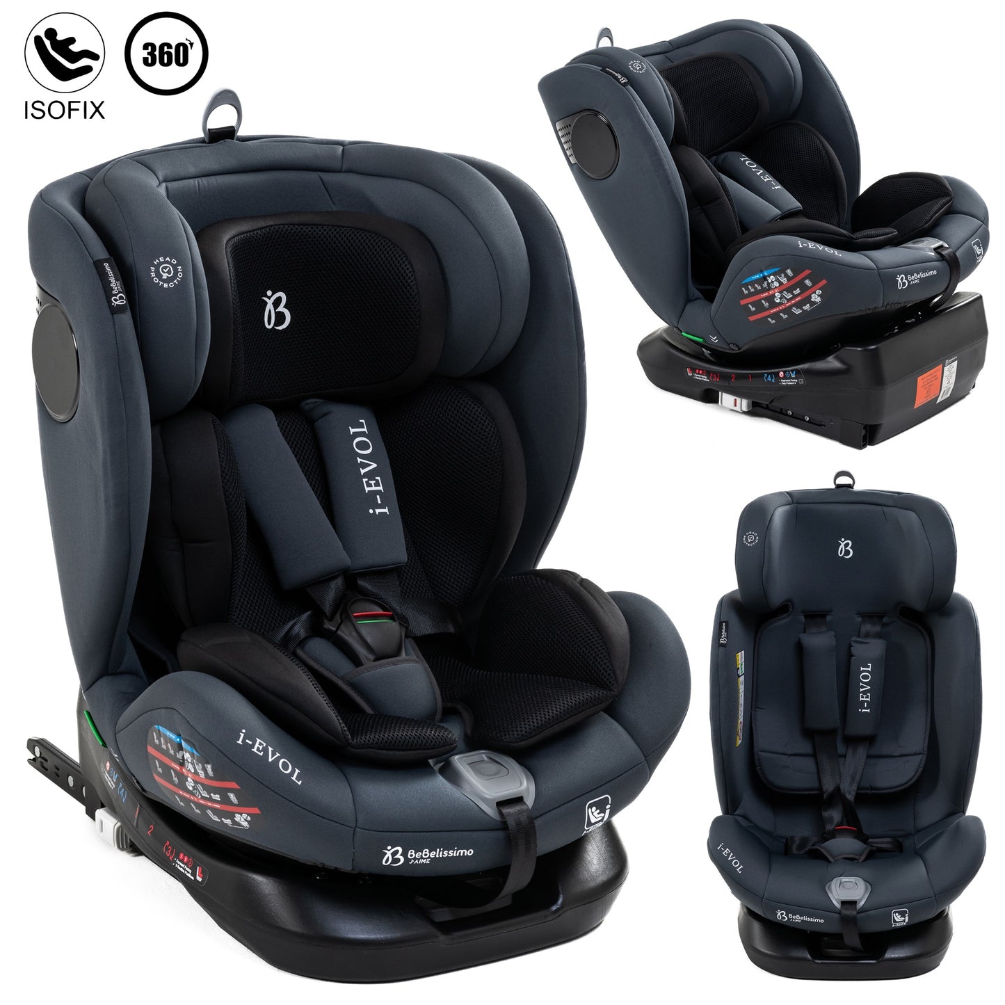 BEBELISSIMO - Siège auto Isofix - pivotant 360 ° - groupe 0+/1/2/3 - (0-36kg) - i-EVOL- gris foncé- protections latérales