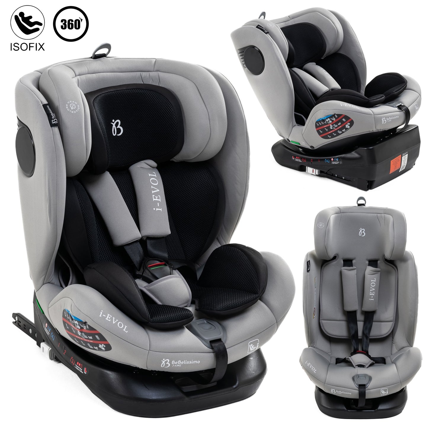 BEBELISSIMO - Siège auto Isofix - pivotant 360 ° - groupe 0+/1/2/3 - (0-36kg) - i-EVOL- gris claire - protections latérales