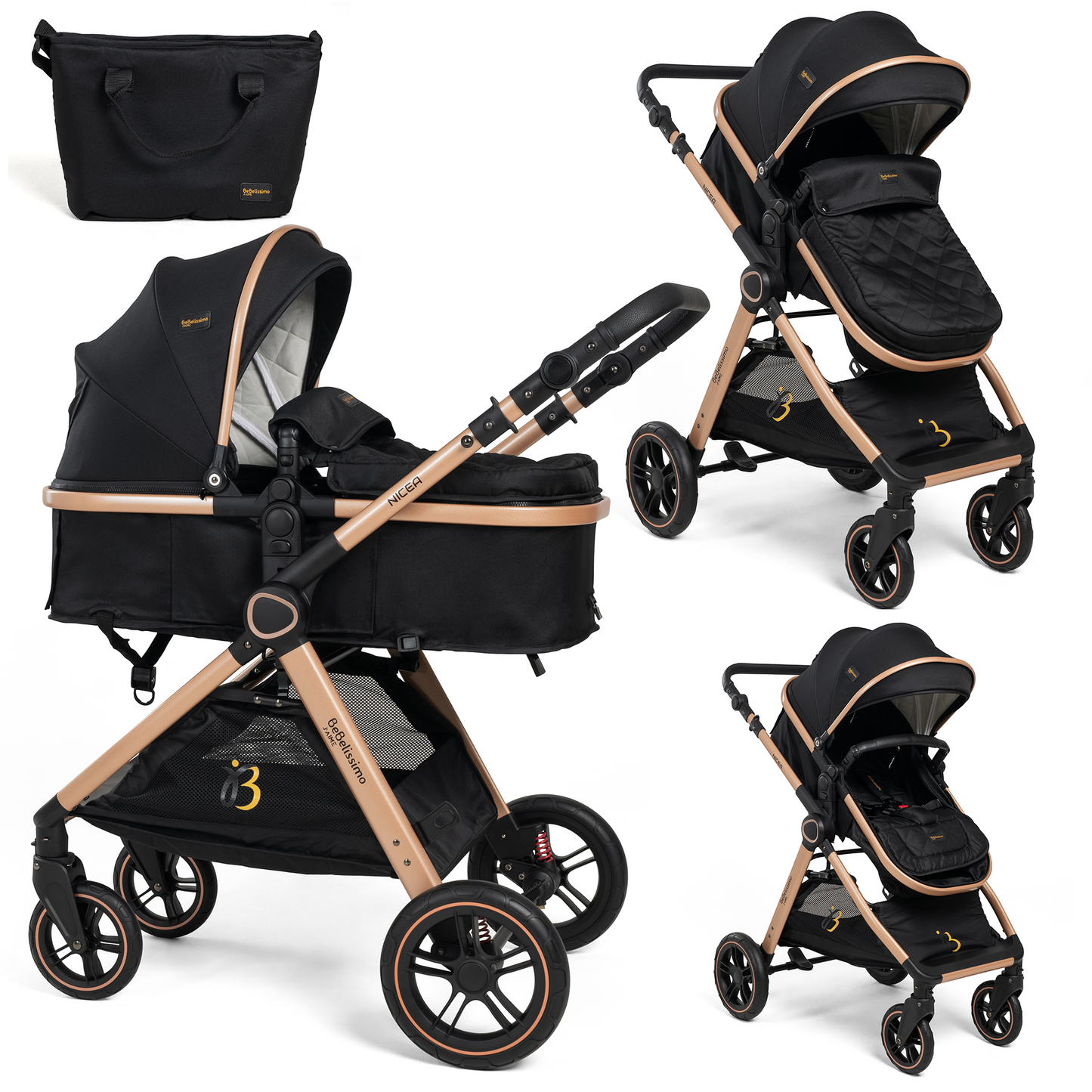 Bebelissimo - Poussette transformable - combinée - convertible - 2 en 1 - poids 0-22kg - Nicea - noir