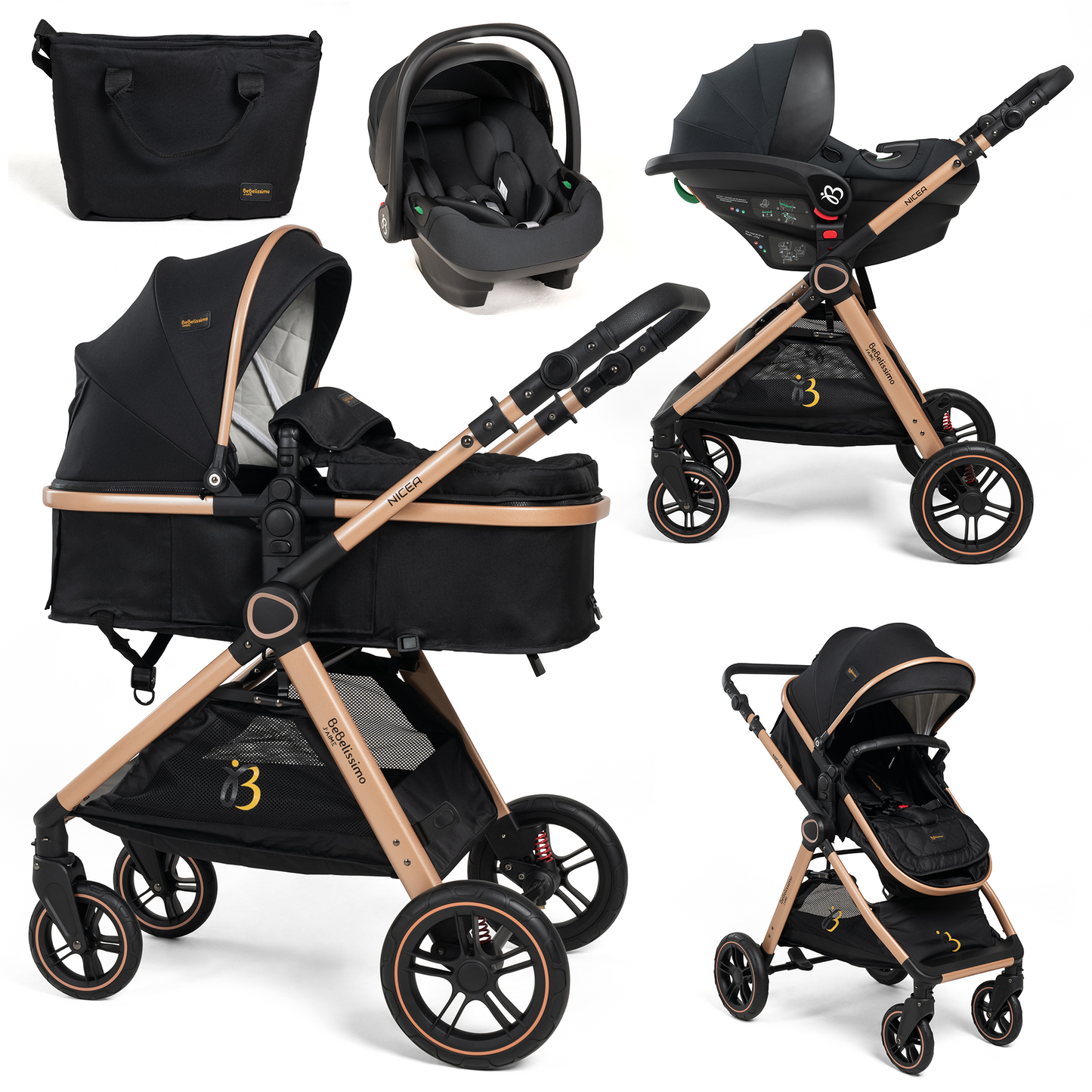 BEBELISSIMO - Poussette combinée trio 3 en 1 - siège auto I-size 40-87cm – nacelle – dès la naissance – jusqu’à 22kg - noir