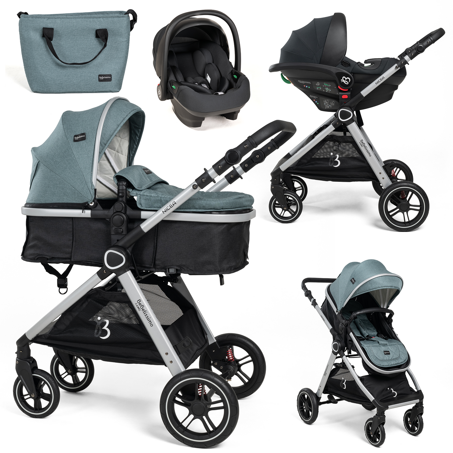 BEBELISSIMO - Poussette combinée trio 3 en 1 - siège auto I-size 40-87cm – nacelle – dès la naissance – jusqu’à 22kg - vert