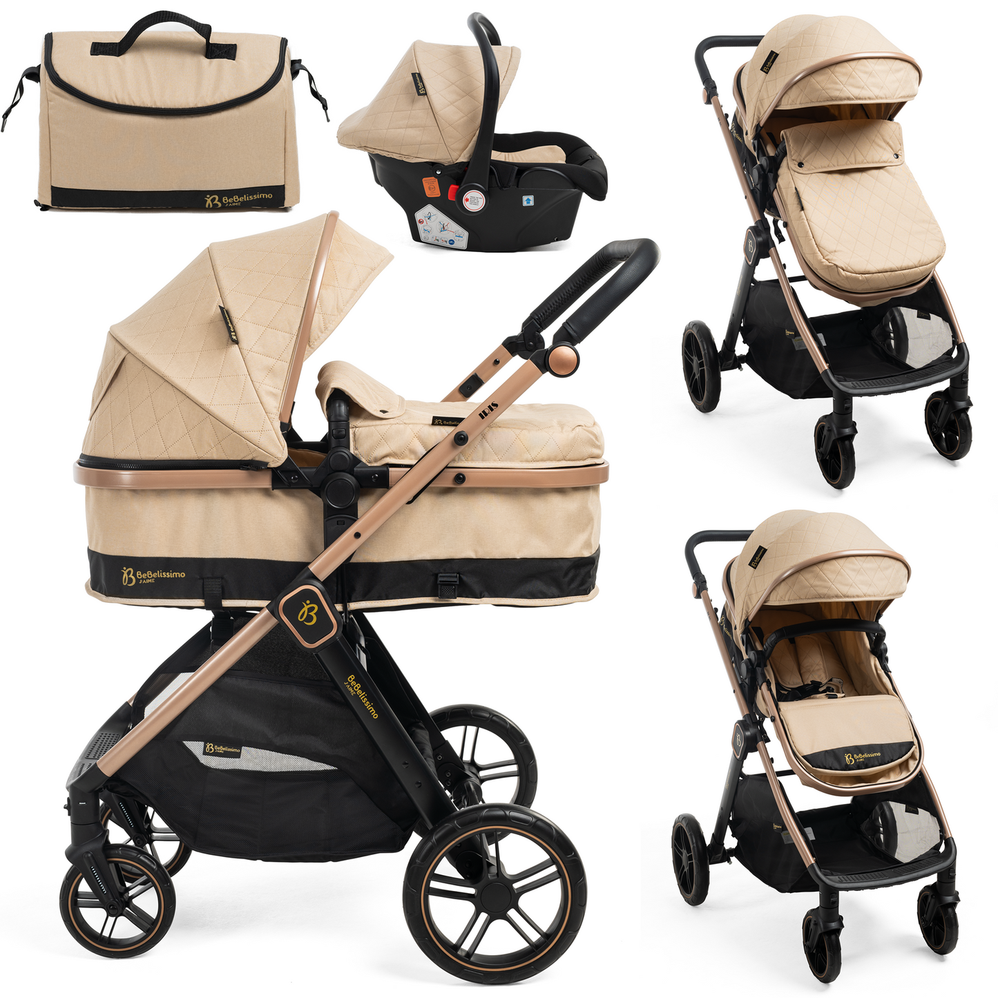 BEBELISSIMO - Poussette combinée trio 3 en 1 - siège auto 0+ IRIS – nacelle – dès la naissance – jusqu’à 22kg - beige