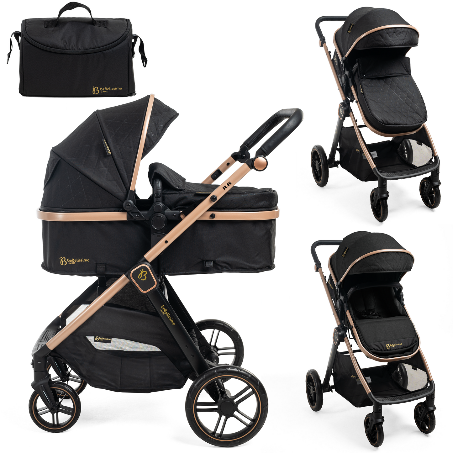 Bebelissimo - Poussette transformable - combinée - 2 en 1 - poids 0-22kg - IRIS- noir