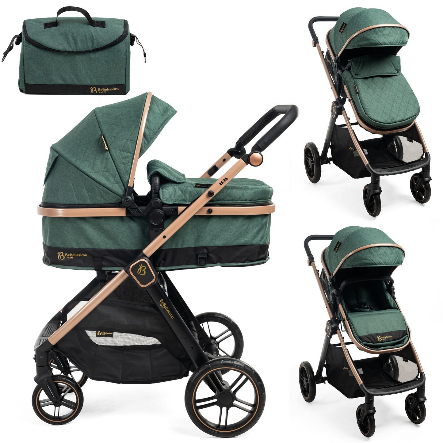 Bebelissimo - Poussette transformable - combinée - 2 en 1 - poids 0-22kg - IRIS- vert