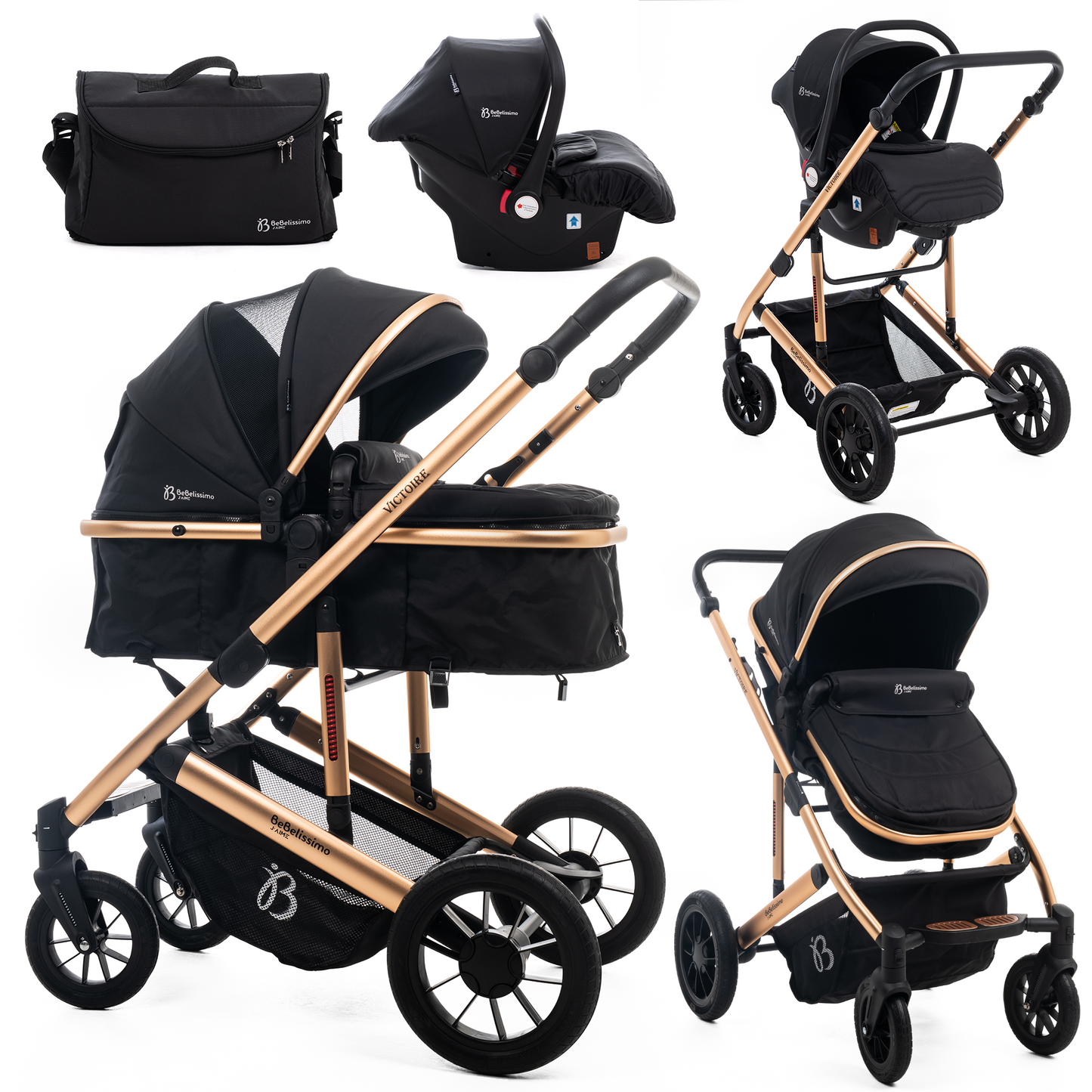 BEBELISSIMO - Poussette combinée trio 3 en 1 - siège auto 0m – nacelle – dès la naissance – jusqu’à 22kg – Victoire I-Size - gold