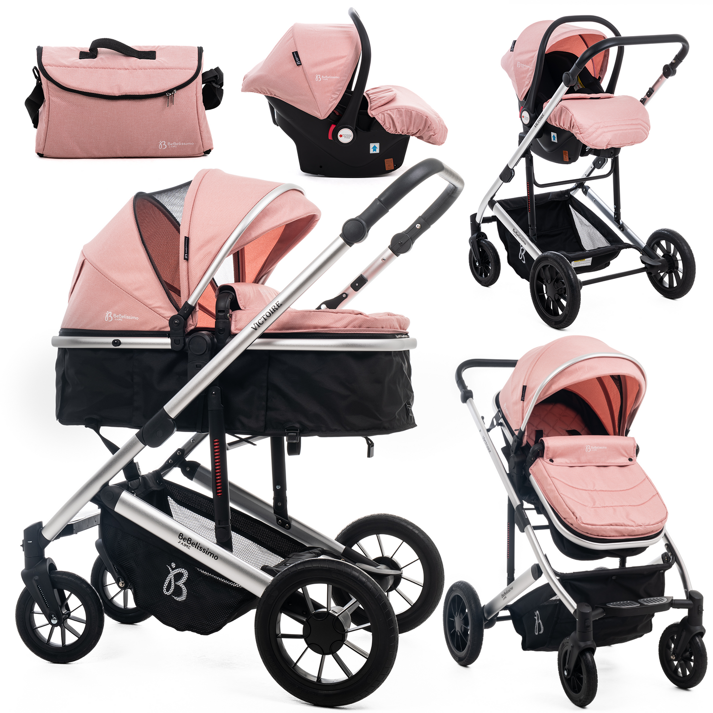 BEBELISSIMO - Poussette combinée trio 3 en 1 - siège auto 0m – nacelle – dès la naissance – jusqu’à 22kg – Victoire I-Size - rose