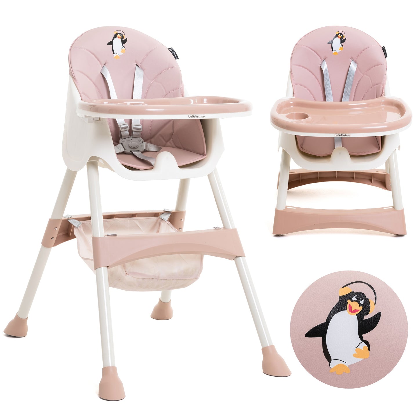 Bebelissimo - Chaise haute 2 en 1 - Evolutive - Réglable - Pliable- Disco Pinguin - rose