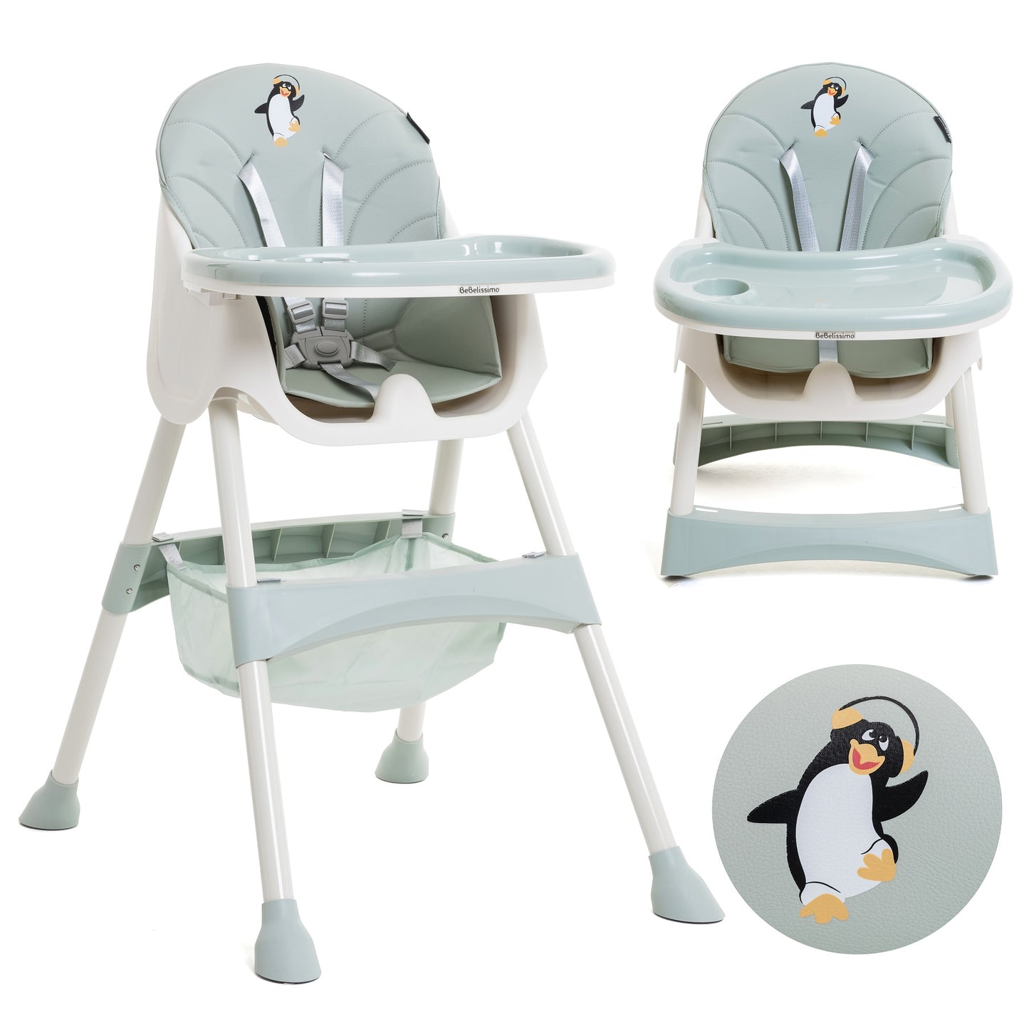 BEBELISSIMO - Chaise Haute Bébé Evolutive -dès 6 mois jusqu’à 20kg -Disco Pinguin - hauteur réglable - vert