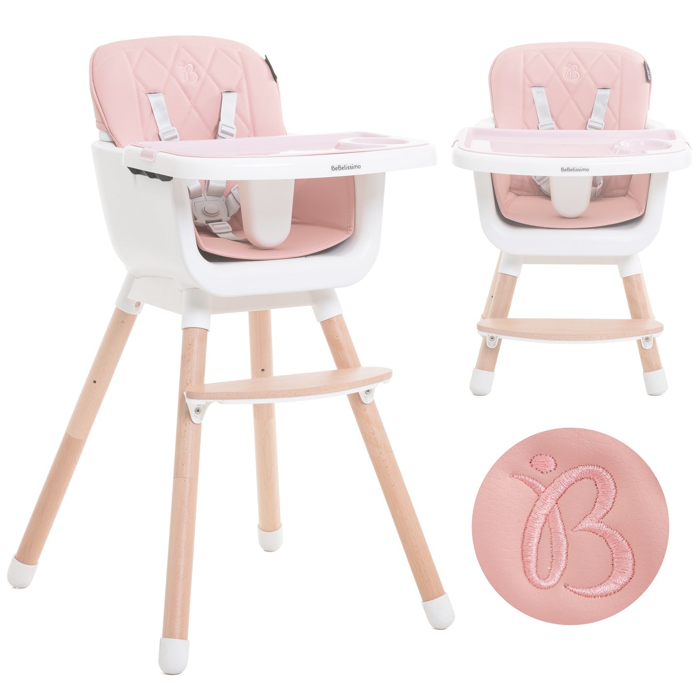 BEBELISSIMO - Chaise Haute bébé - Évolutive - Réglable - en Bois - 2 en 1 – 6 mois jusqu’à 5 ans- rose