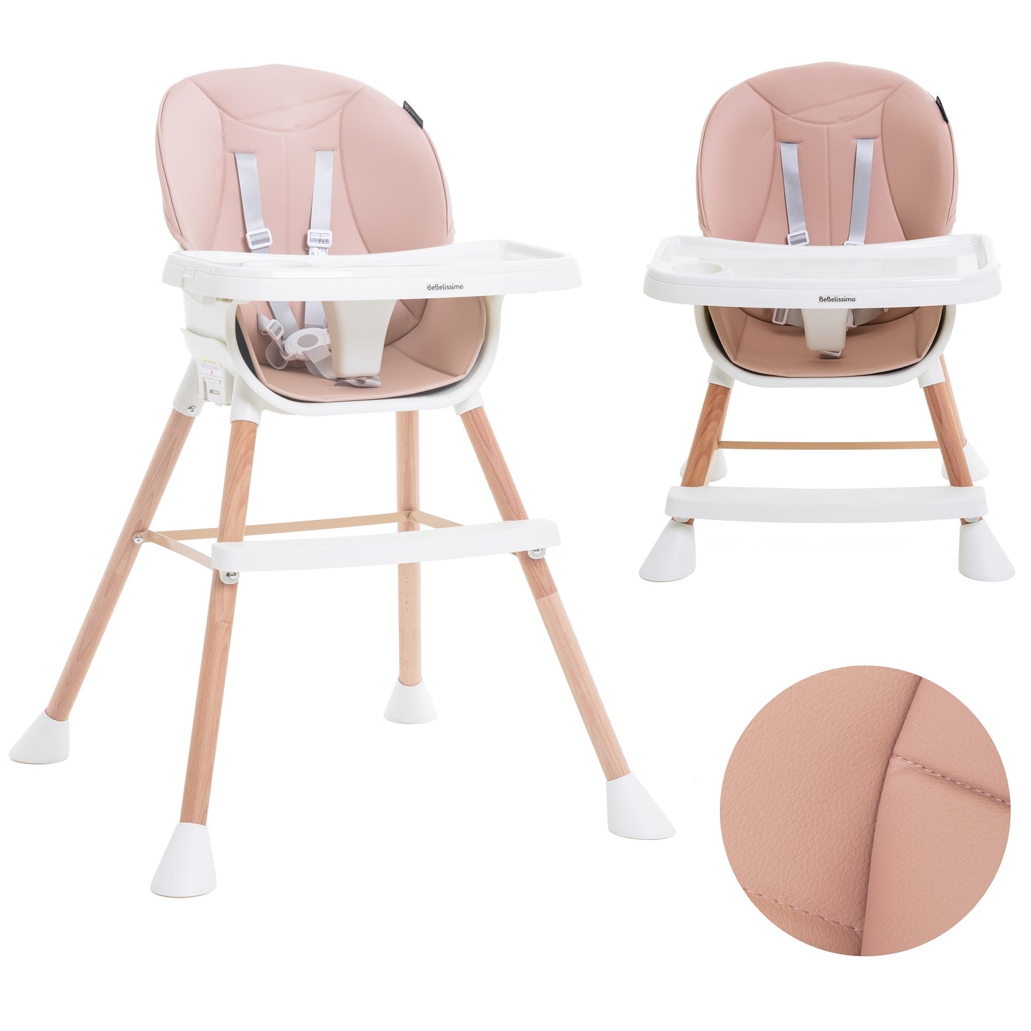 BEBELISSIMO - Chaise Haute Évolutive en Bois - 3 en 1 – 6 mois jusqu’à 5 ans - réhausseur- rose