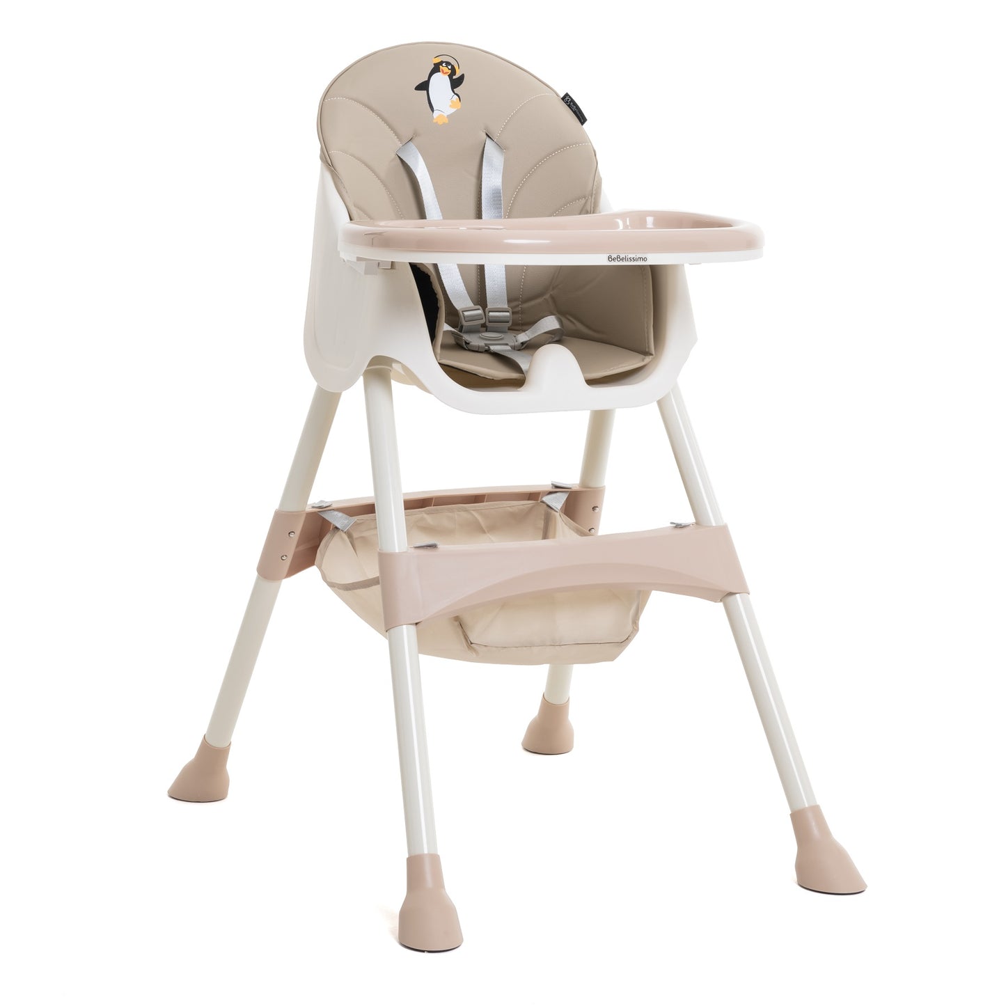 BEBELISSIMO - Chaise Haute Bébé Evolutive -dès 6 mois jusqu’à 20kg -Disco Pinguin - hauteur réglable - beige