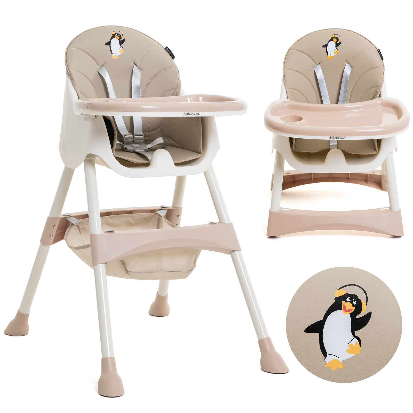 BEBELISSIMO - Chaise Haute Bébé Evolutive -dès 6 mois jusqu’à 20kg -Disco Pinguin - hauteur réglable - beige
