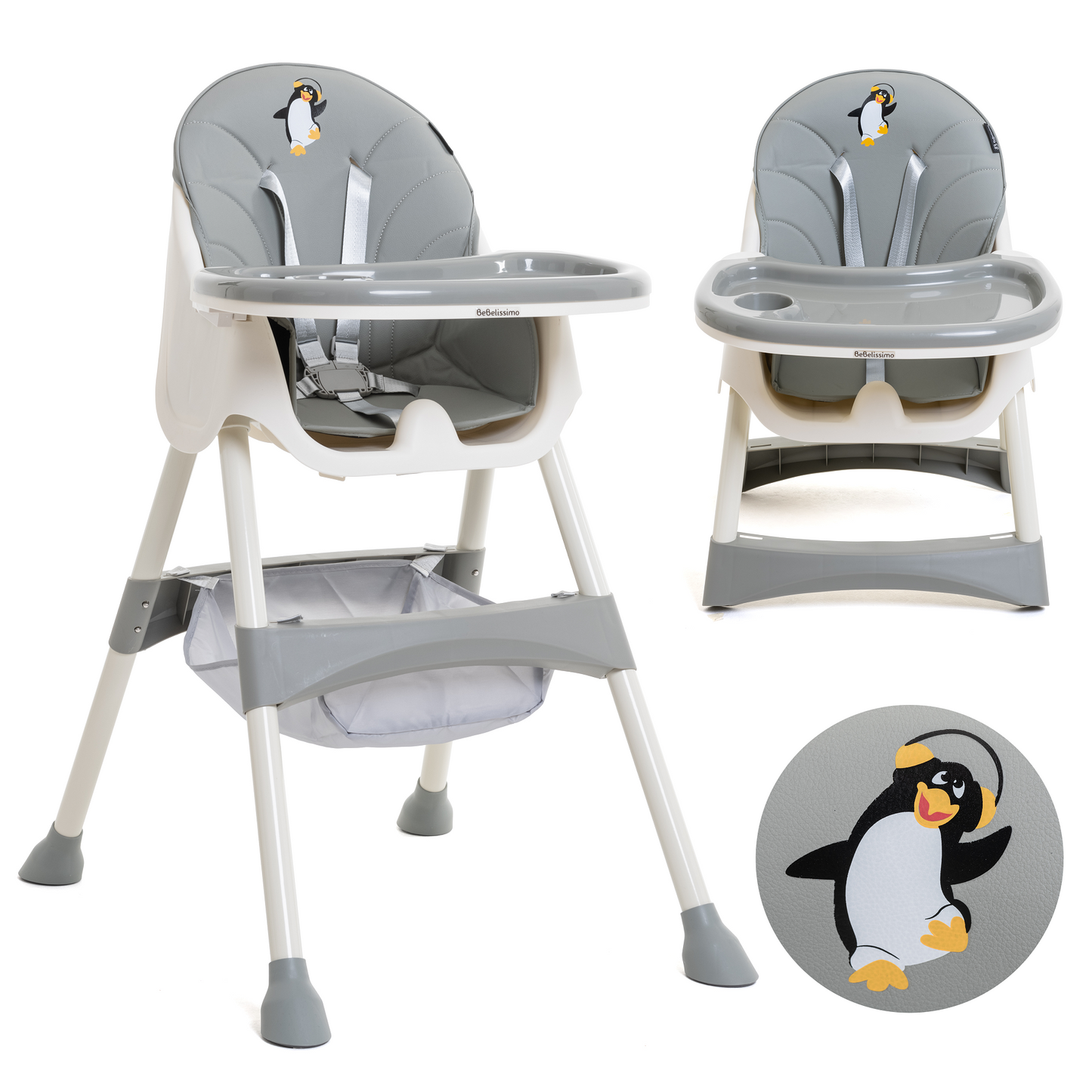 BEBELISSIMO - Chaise Haute Bébé Evolutive -dès 6 mois jusqu’à 20kg -Disco Pinguin - hauteur réglable - gris