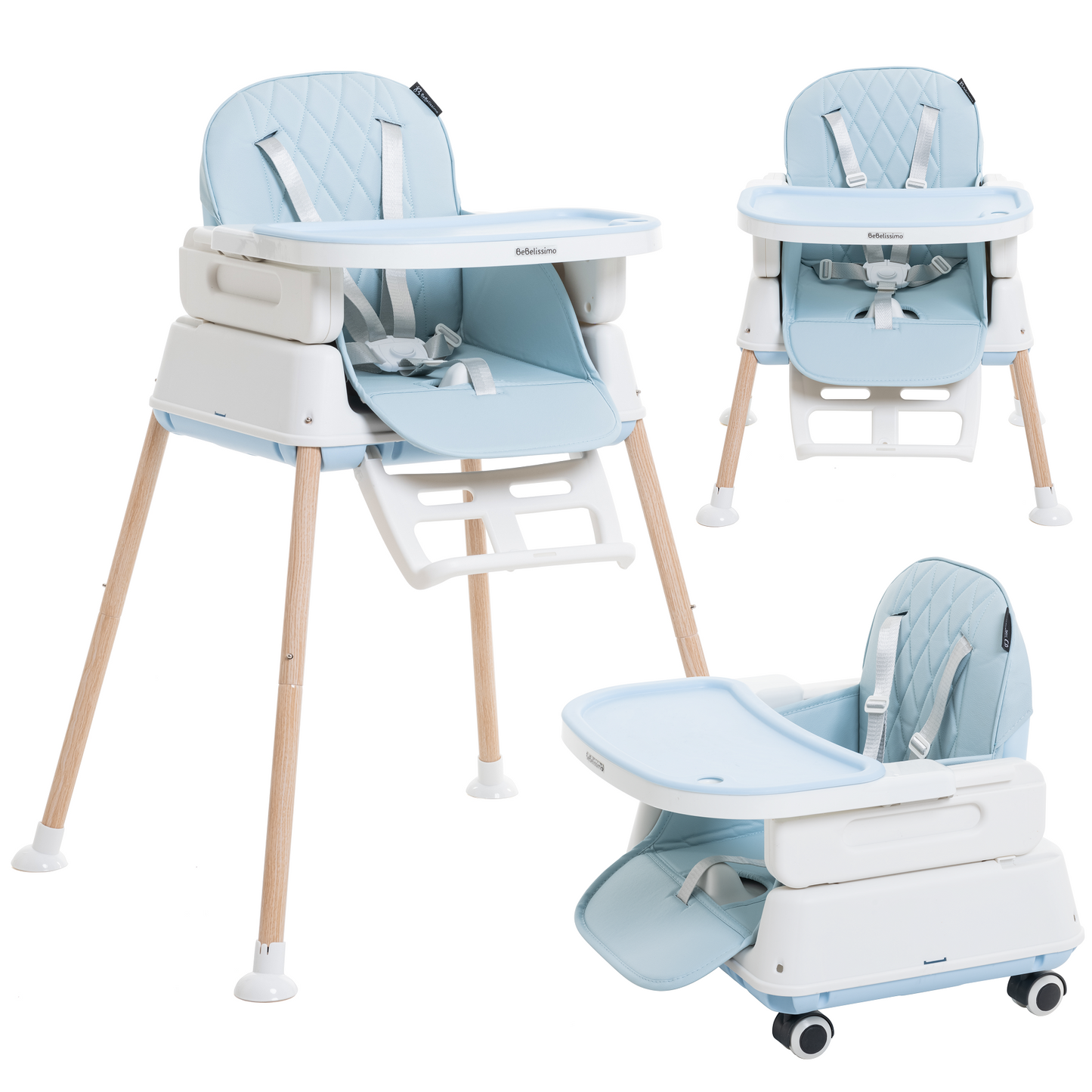 BEBELISSIMO - Chaise Haute Bébé Evolutive - Réglable - dès 6 mois jusqu’à 20kg – 5 modes - bleu claire