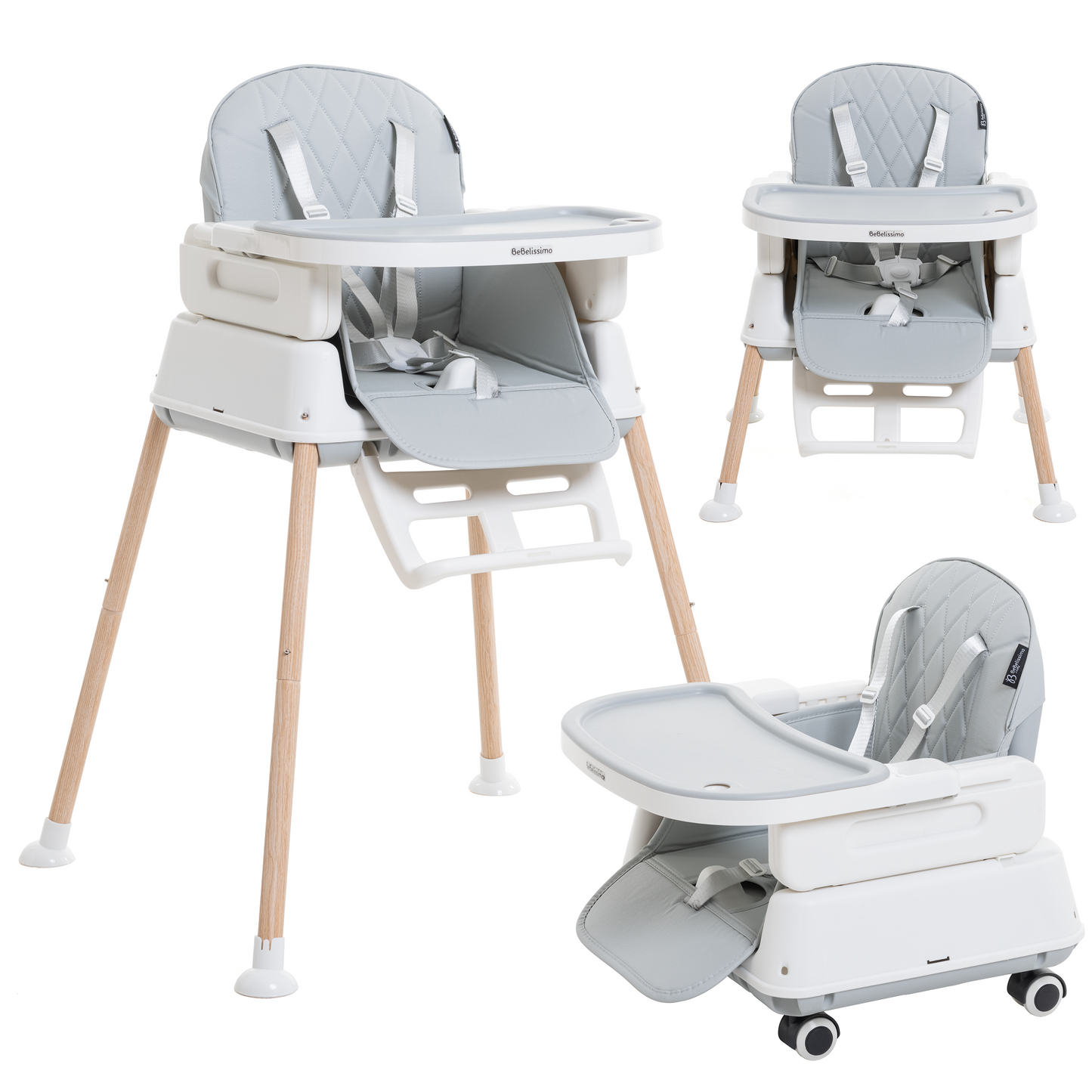 BEBELISSIMO - Chaise Haute Bébé Evolutive - Réglable - dès 6 mois jusqu’à 20kg – 5 modes - gris
