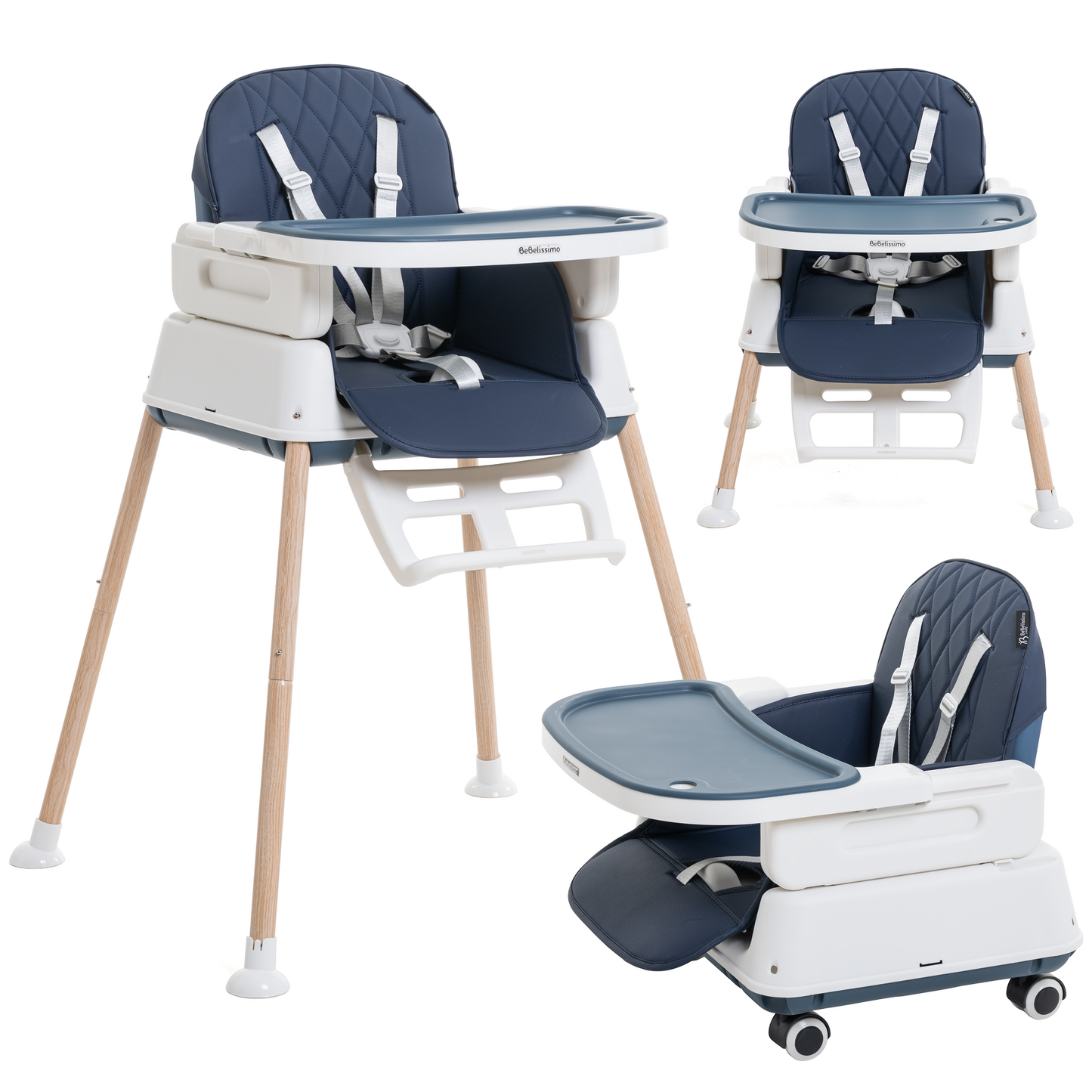 BEBELISSIMO - Chaise Haute Bébé Evolutive - Réglable - dès 6 mois jusqu’à 20kg – 5 modes - bleu foncé