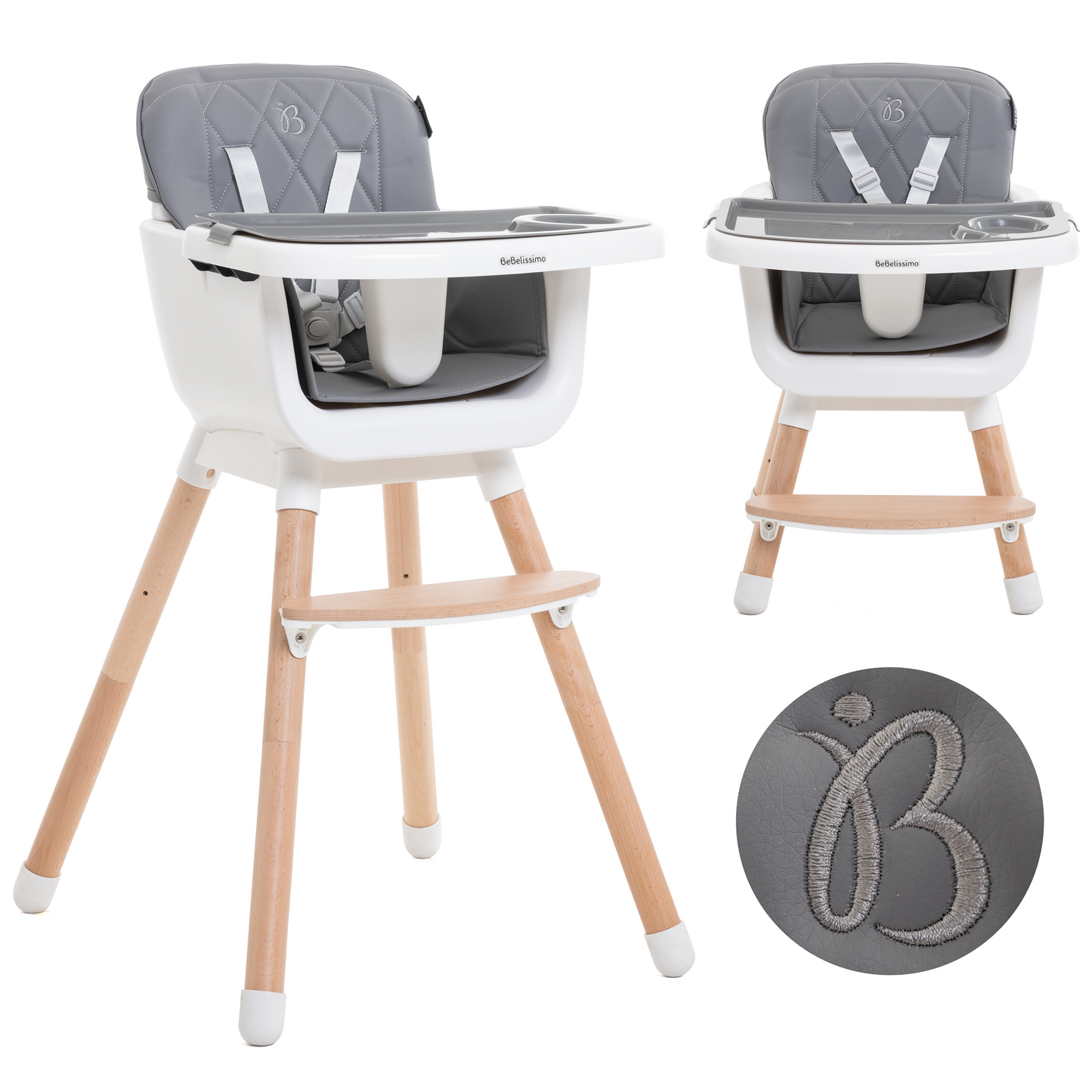 BEBELISSIMO - Chaise Haute bébé - Évolutive - Réglable - en Bois - 2 en 1 – 6 mois jusqu’à 5 ans - gris