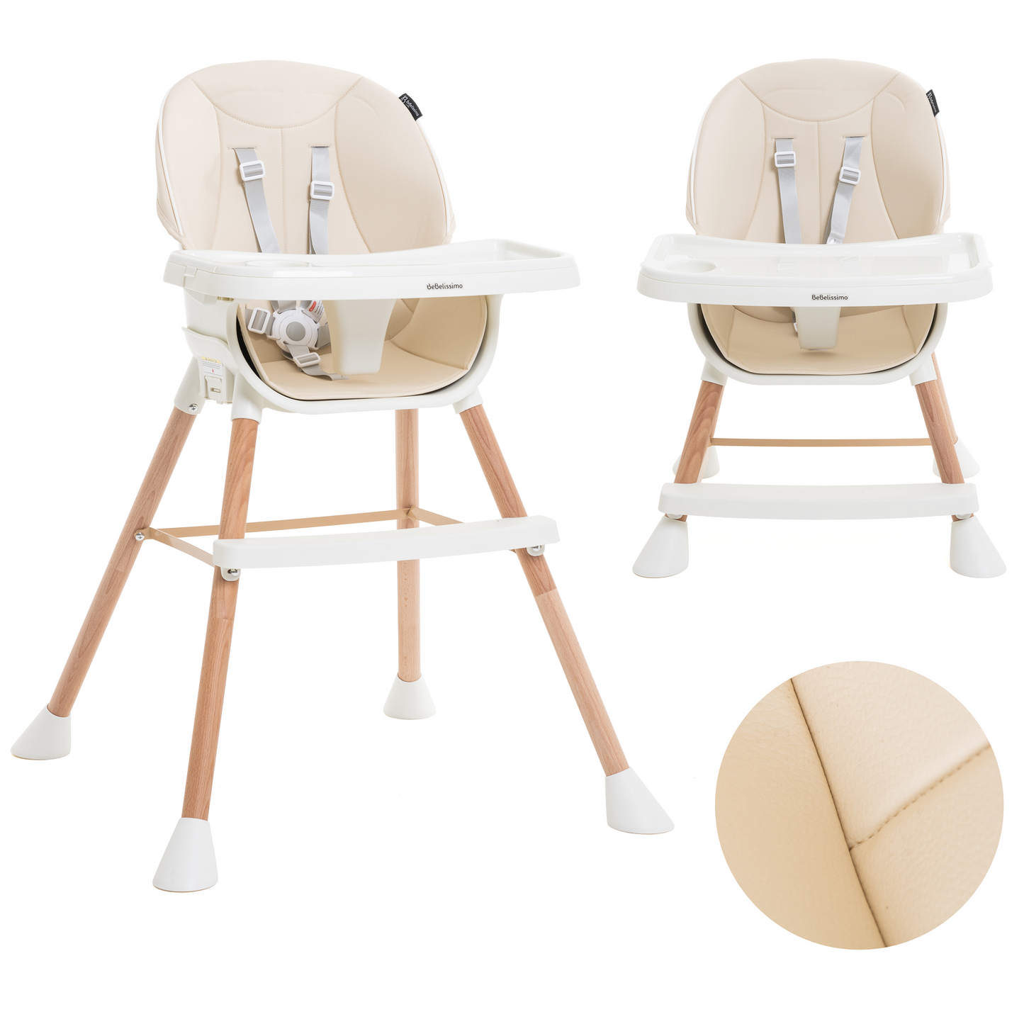 BEBELISSIMO - Chaise Haute Évolutive en Bois - 3 en 1 – 6 mois jusqu’à 5 ans - réhausseur - beige