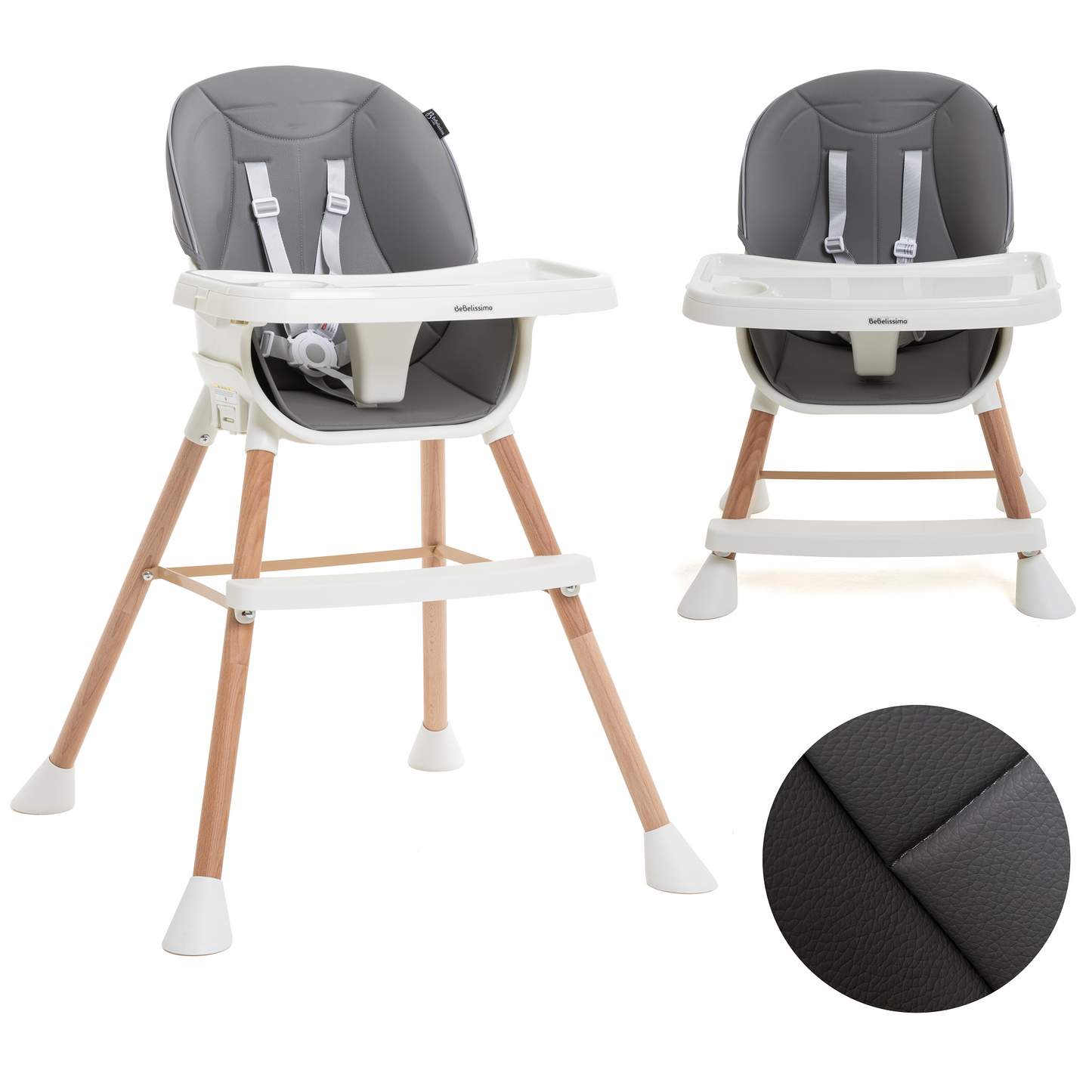 BEBELISSIMO - Chaise Haute Évolutive en Bois - 3 en 1 – 6 mois jusqu’à 5 ans - réhausseur - gris