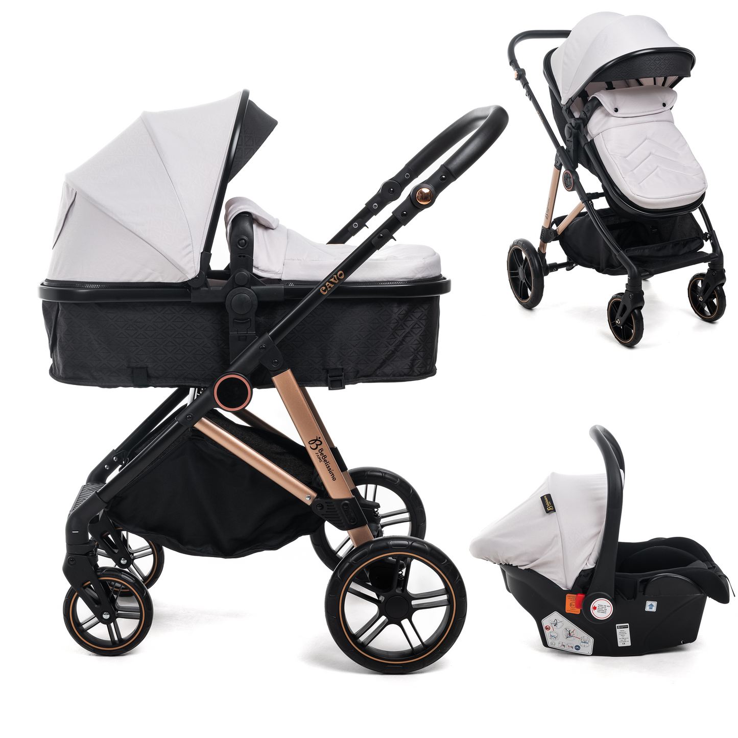 BEBELISSIMO - Poussette combinée trio 3 en 1 - siège auto 0+ CAVO– nacelle – dès la naissance – jusqu’à 22kg  - beige claire