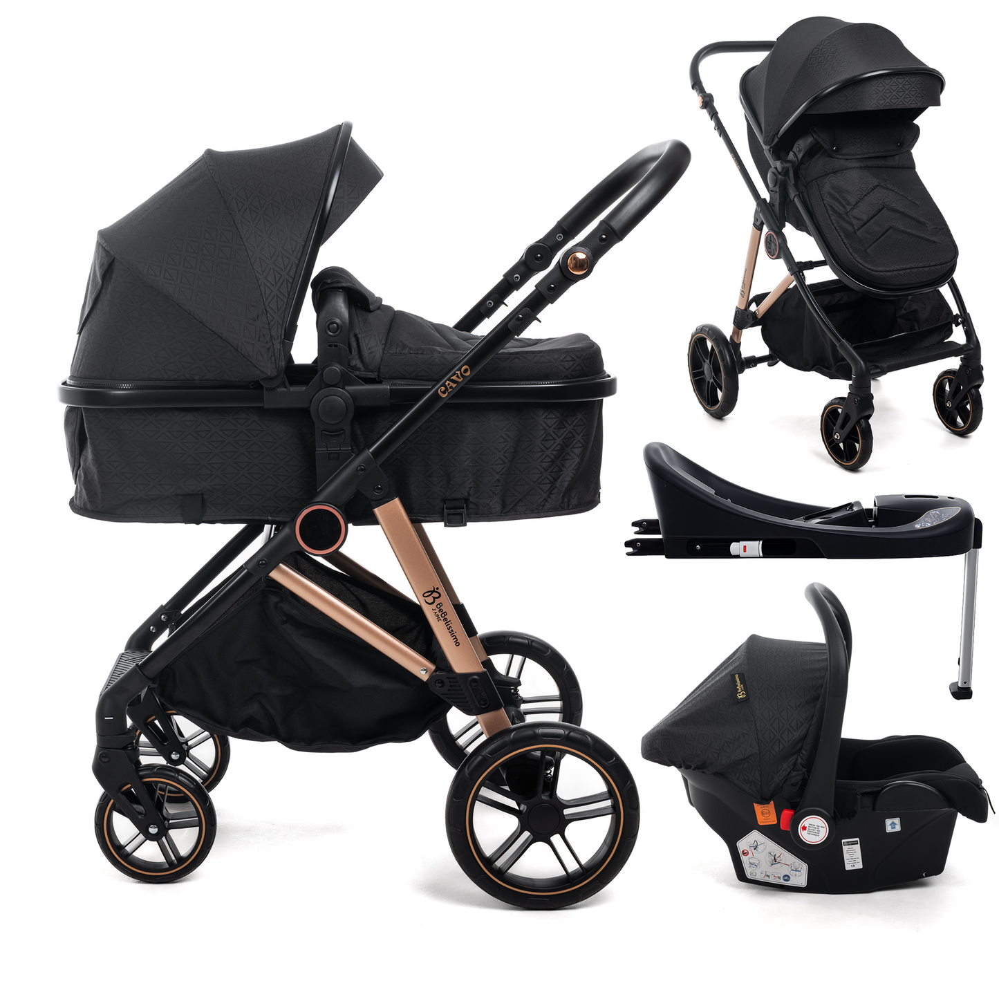 BEBELISSIMO - Poussette combinée trio 3 en 1 - siège auto 0+ CAVO – nacelle –  base Isofix - jambes de force – jusqu’à 22kg - Noir