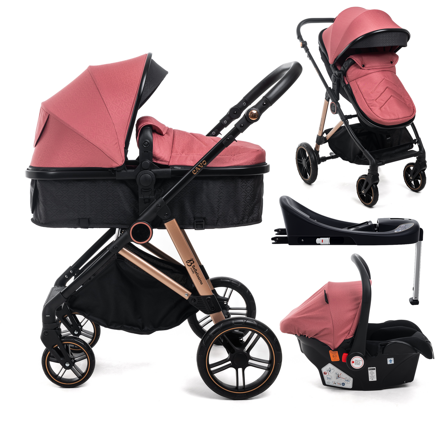 BEBELISSIMO - Poussette combinée trio 3 en 1 - siège auto 0+ CAVO – nacelle –  base Isofix - jambes de force – jusqu’à 22kg - bordeaux