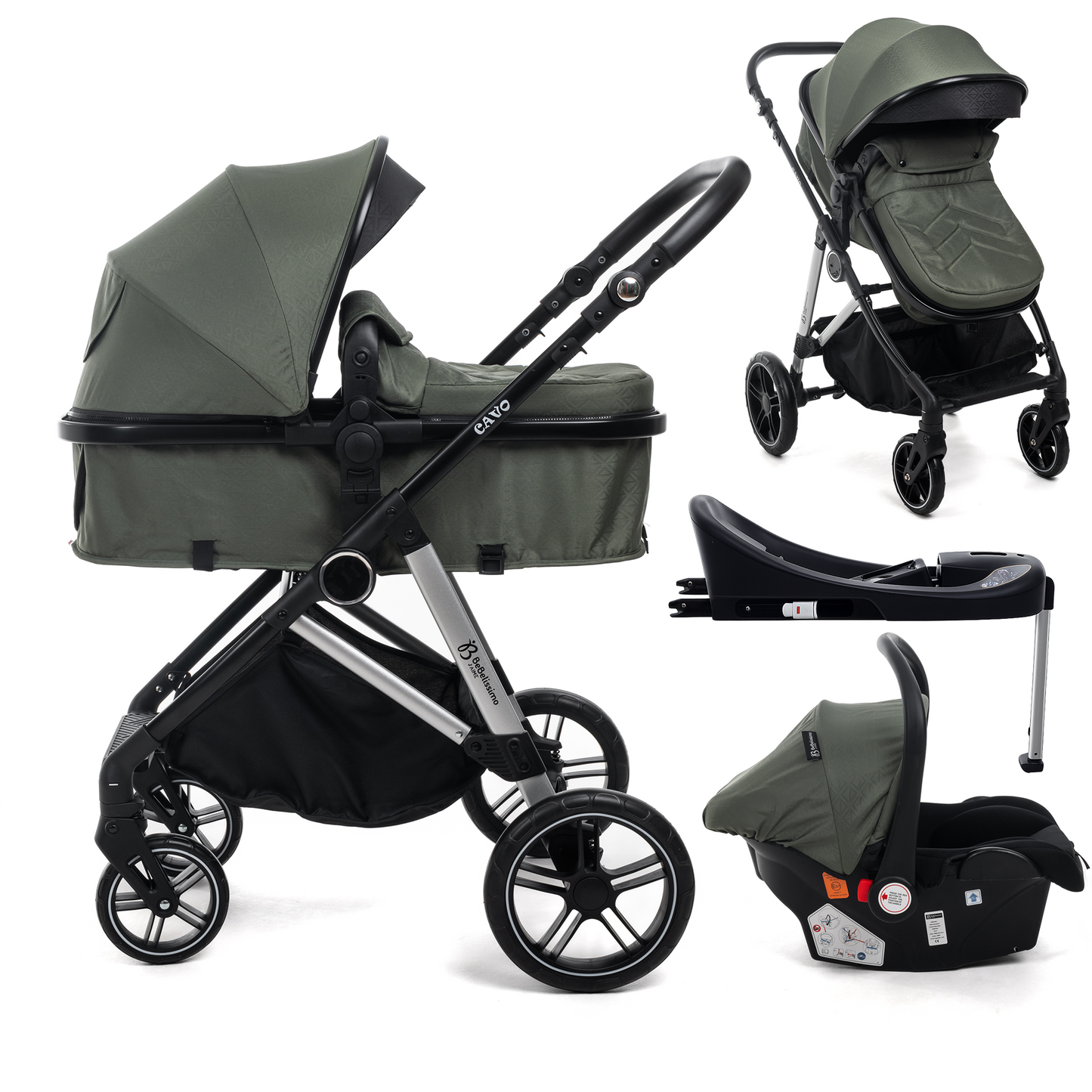BEBELISSIMO - Poussette combinée trio 3 en 1 - siège auto 0+ CAVO – nacelle –  base Isofix - jambes de force – jusqu’à 22kg - Vert