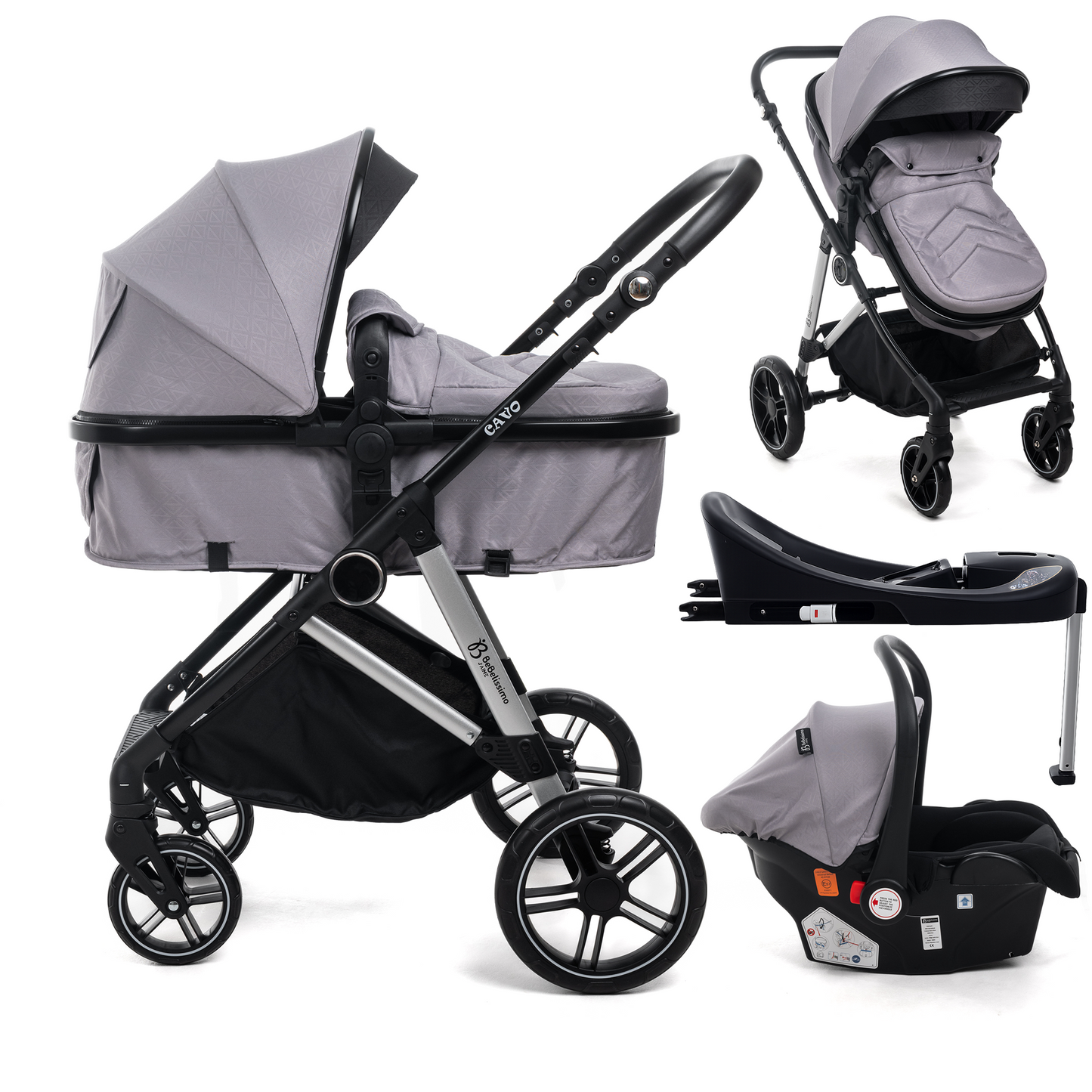 BEBELISSIMO - Poussette combinée trio 3 en 1 - siège auto 0+ CAVO – nacelle –  base Isofix - jambes de force – jusqu’à 22kg - Gris