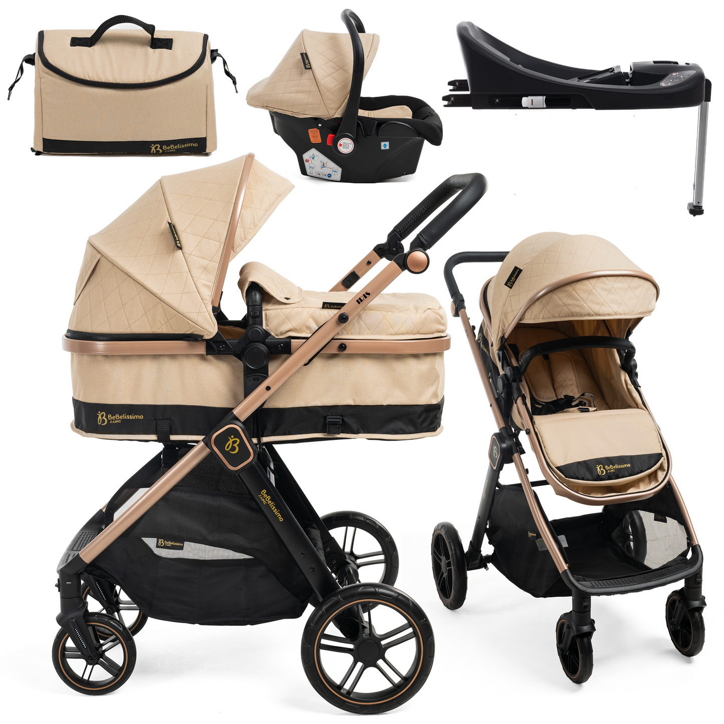 BEBELISSIMO - Poussette combinée trio 3 en 1 - siège auto 0+ IRIS – nacelle – dès la naissance – base ISOFIX - jambe de force - beige